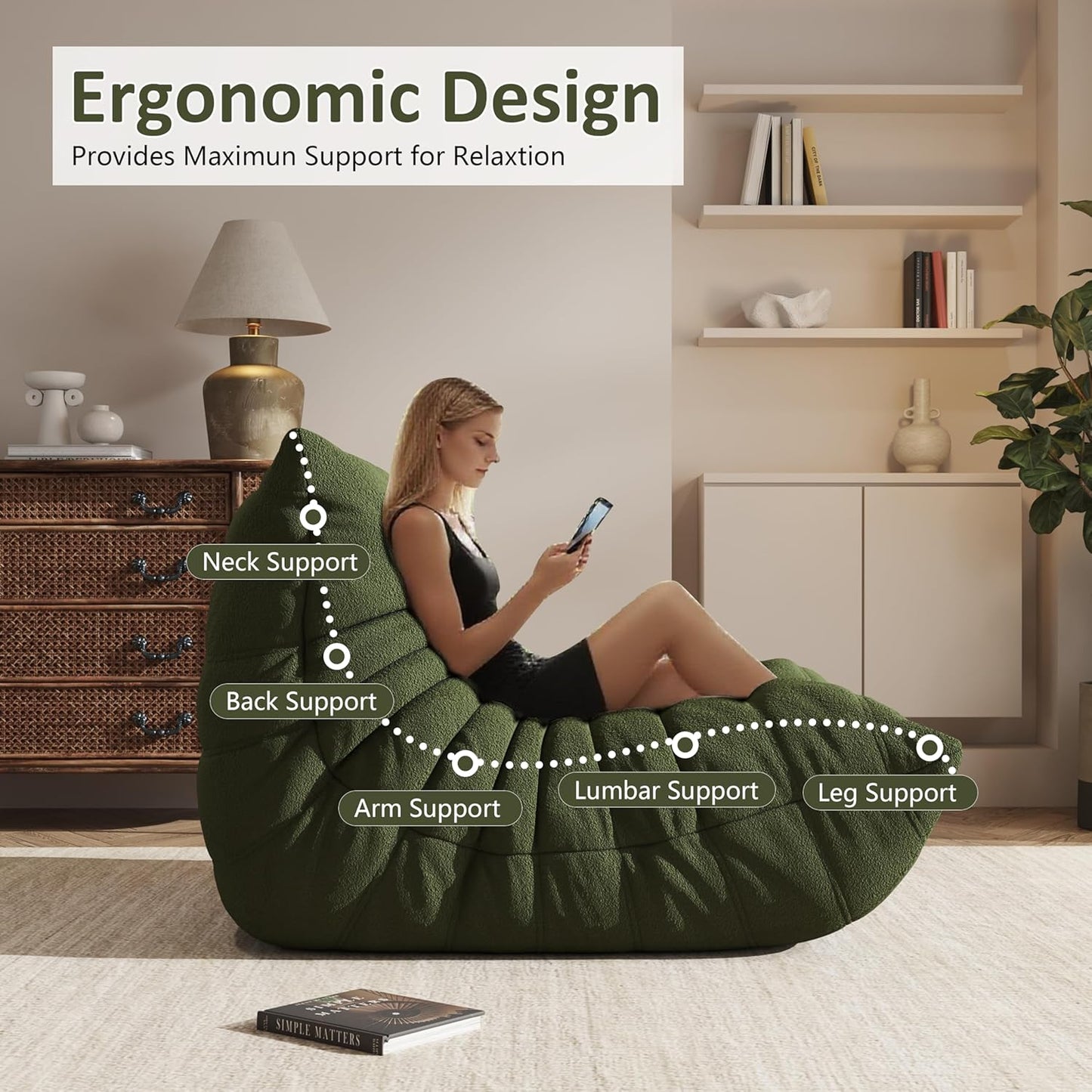 Bean Bag Chair, Oversized Loveseat Fireside Chair for Adults, 2 Seater with Memory Foam Filled, Lazy Sofa Lounge Floor Sofa for Living Room, Bedroom, Office, No Assembly Required. (Green)