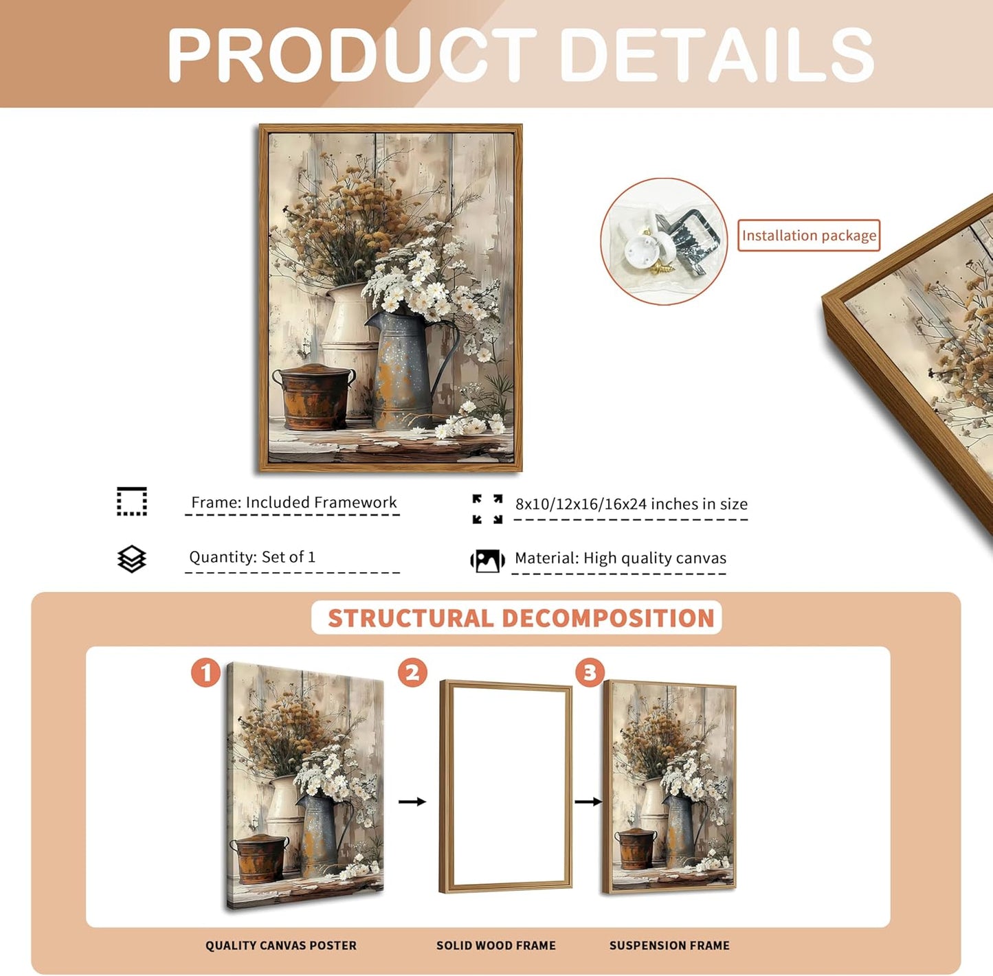 Floating Framed Farmhouse Vintage Canvas Wall Art, Country Floral Daisy Pictures Wall Decor, Wood Grain Art Paintings Poster for Living Room Bedroom Bathroom Rustic Decor 8x10 inch