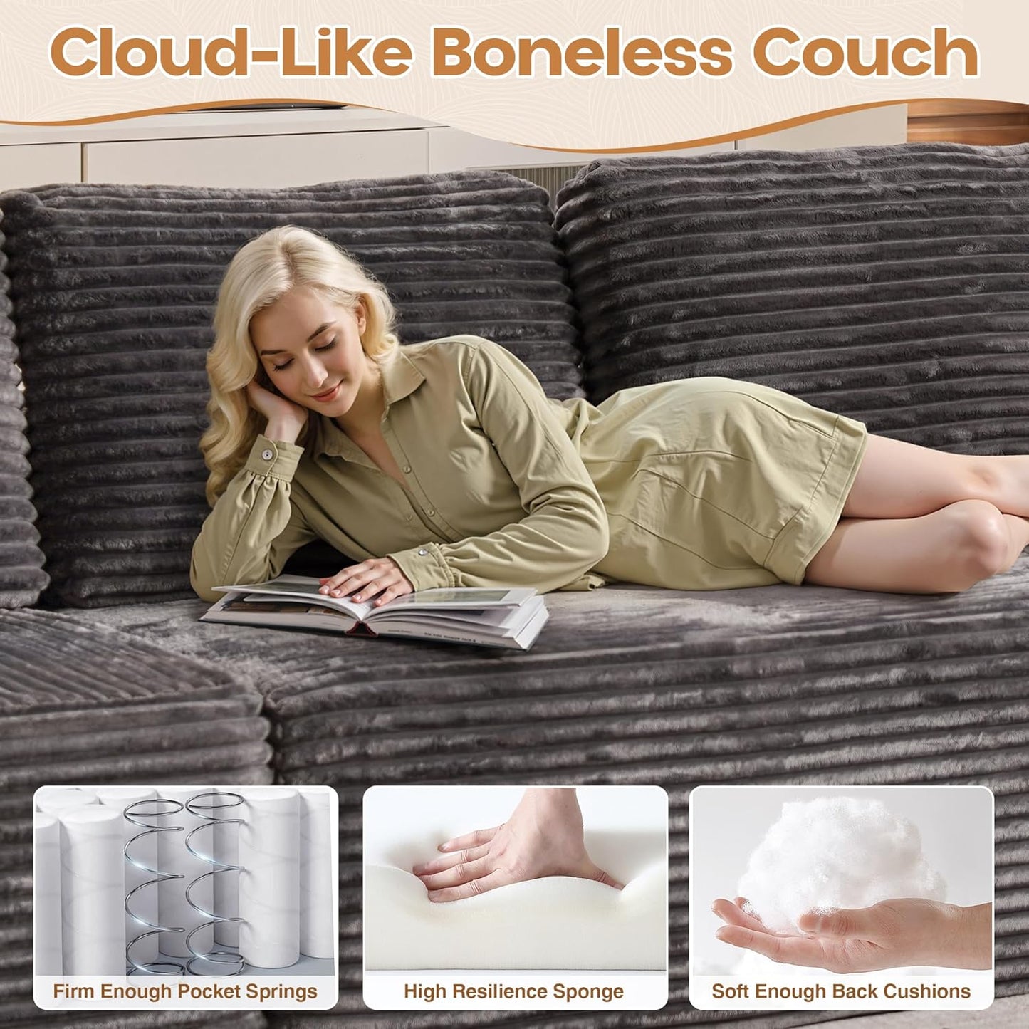 Cloud Sectional Couches for Living Room,U Shaped Modular Sofas No Assembly,133x68 Inches Plush Corduroy Oversized Floor Couch Set with Deep Seat Chaise,Grey