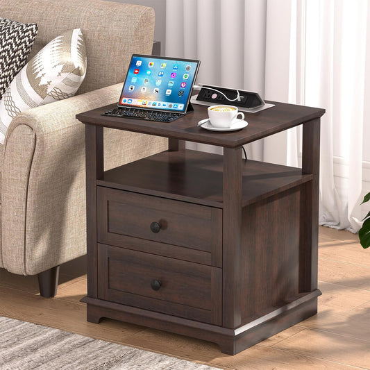 HIFYOBRO 24" Tall End Table with 2 Drawers and Charging Station, Type-C & USB Port & Power outlets, Wooden Storage Cabinet, 21" W Large Side Table with Storage for Living Room and Bedroom (Espresso)