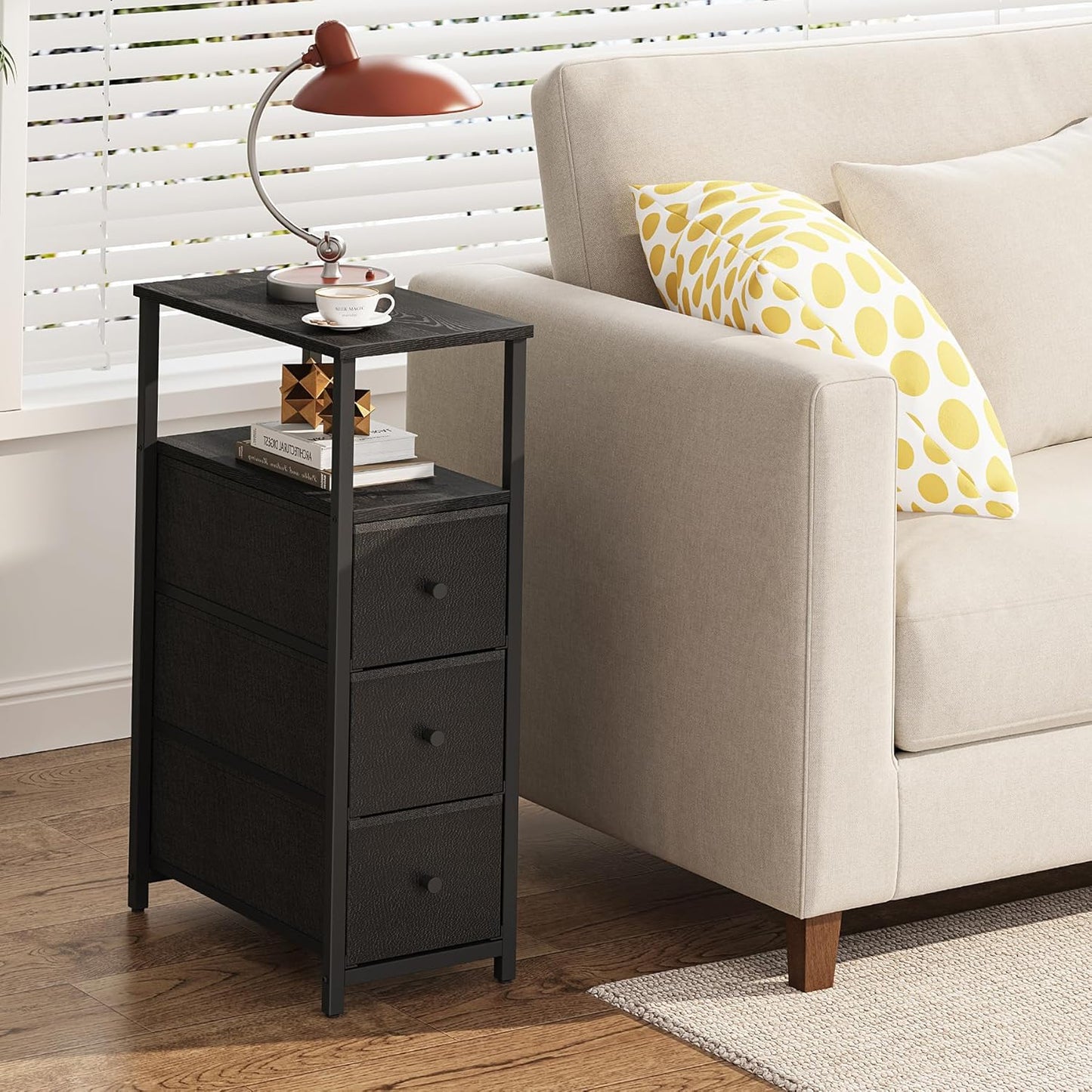 TUTOTAK Narrow Night Stand, Slim End Table, Tall Side Table with 3 Fabric Drawer, Small Bedside Table with Storage, Set of 2, for Living Room, Bedroom, Black TB01BK072