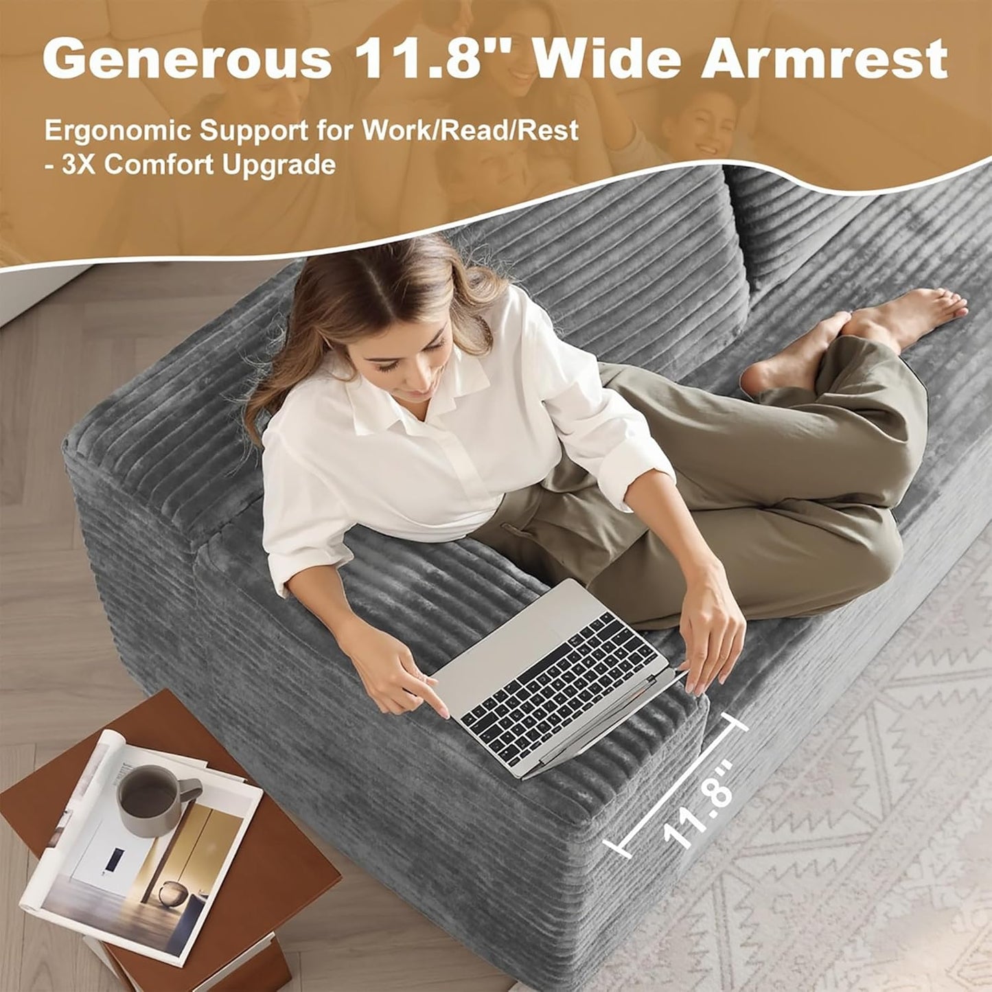 136" Sectional Couches for Living Room Modern Modular Sofa with L-Shape Couchs Upholstered Boneless Couch Deep Seat Sectional Couch with Chaise (Grey, Left Facing Chaise+3Seaters)