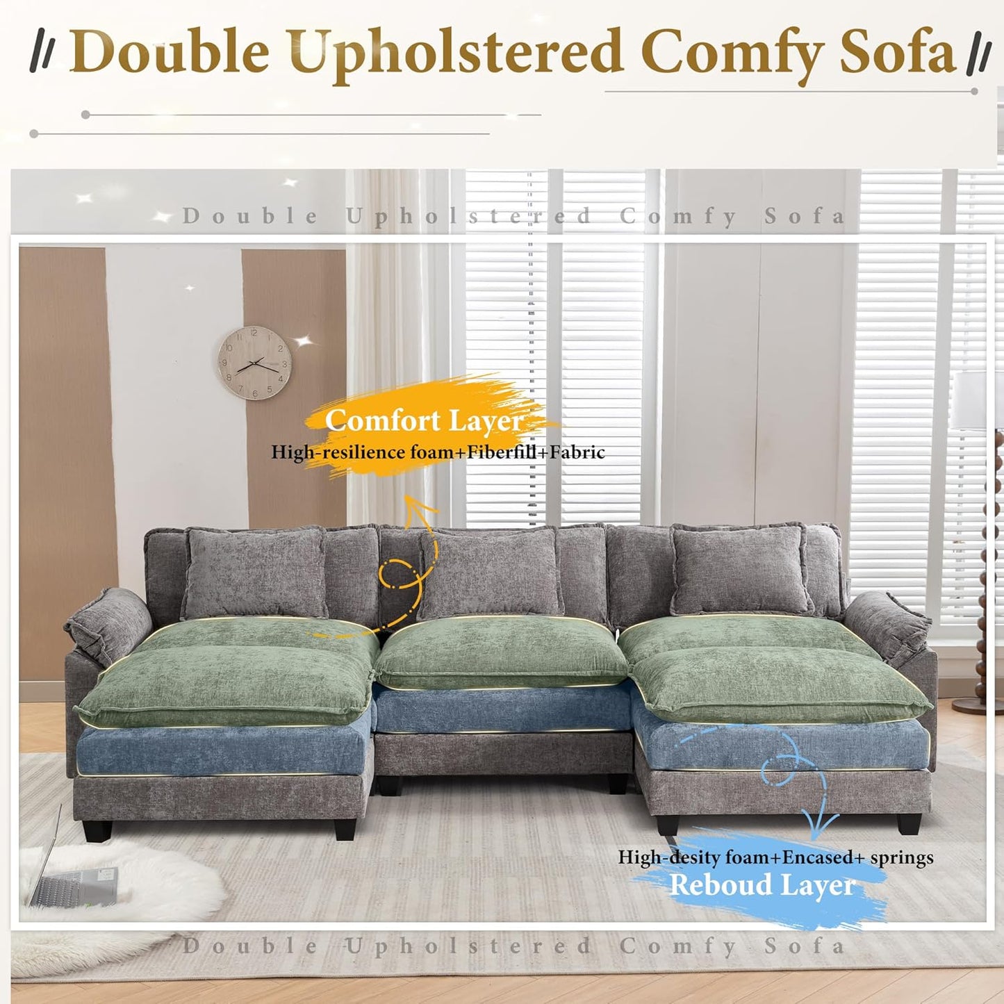 URRED Modular Sectional Sofa Comfy Cloud Couch, Modern Chenille Sofa Sleeper Deep Seat Couches with Ottoman/Pillows for Living Room (Gray, 117'' - U Shape)