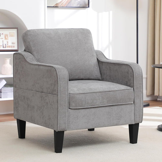Accent Chair for Living Room, Mid Century Modern Reading Chair for Bedroom, Upholstered Armchair with Side Pockets, Comfy Single Sofa Side Chair for Office, Apartment, Small Room, Light Grey