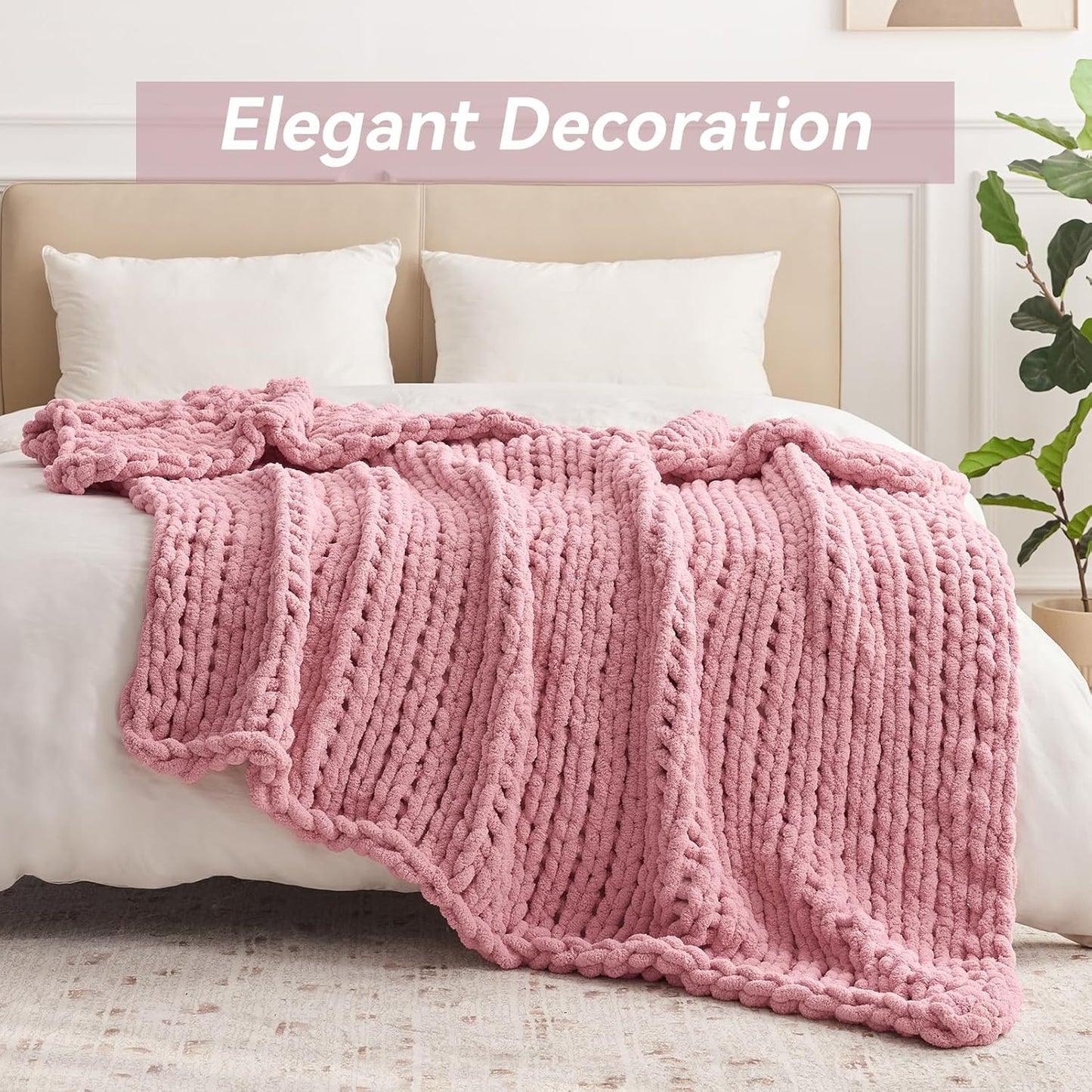 Chunky Knit Throw Blanket, 30''*40'' Knitted Throw Chenille Yarn for Bed Couch, Handmade Light Pink Crochet Big Thick Blanket, Machine Washable Cute Comfy Blanket for Home Decor