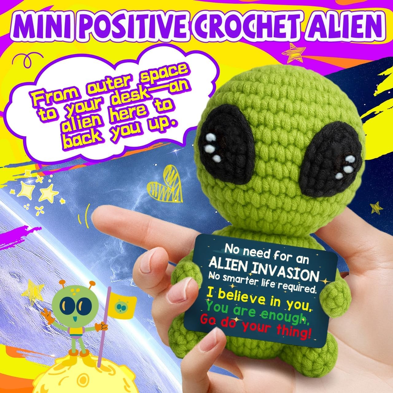 Cool Alien Decor Inspirational Gifts for Boys Girls Friends Positive Animal Crochet Alien for Daily Encouragement Self Affirmation Son Daughter UFO Geeky Decor
