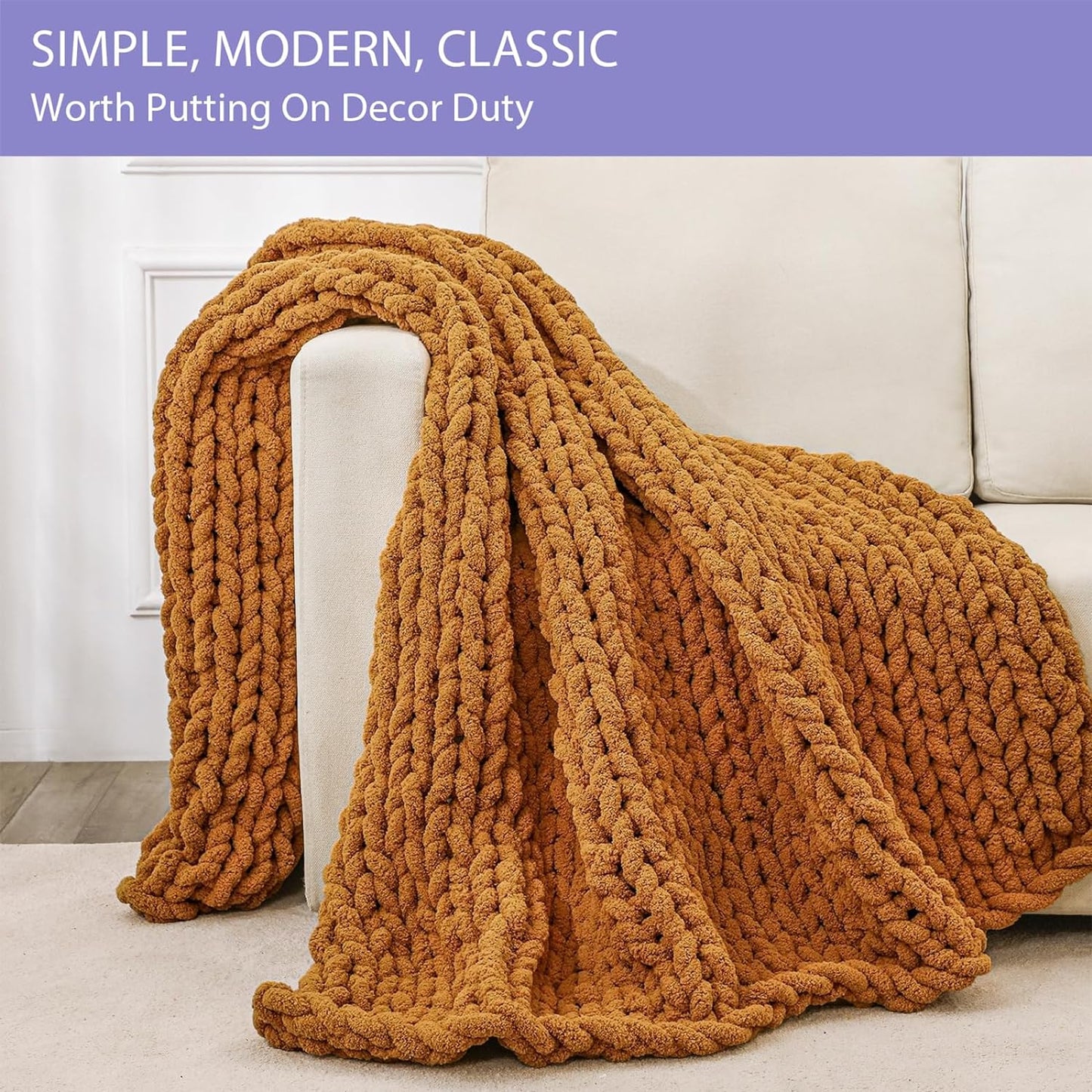 Bigacogo Chunky Knit Throw Blanket for Couch, 40x60 inches, 100% Hand Knitted with Thick Jumbo Chenille Yarn, Cozy Soft Large Rope Knot Cable Crochet Blankets for Sofa Bed Living Room, Burnt Orange