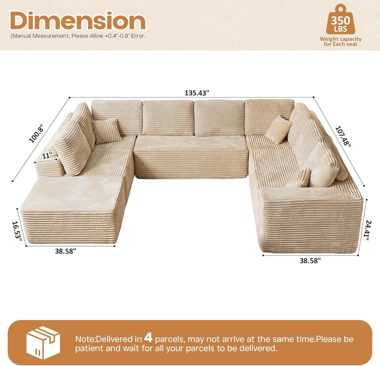 Cloud Sectional Couches for Living Room,U Shaped Modular Sofas No Assembly,135x100 Inches Plush Corduroy Oversized Floor Couch Set with Deep Seat Chaise,Beige