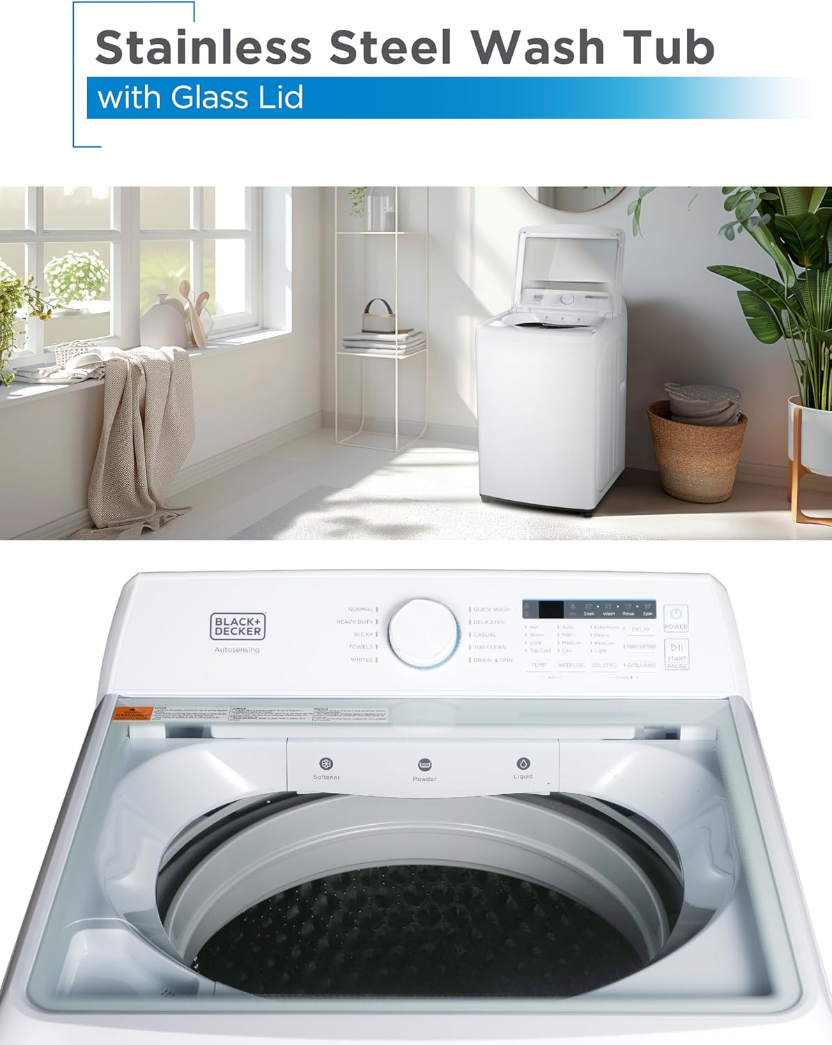 BLACK+DECKER 4.1 Cu. Ft. Top Loading Washing Machine with Agitator, Full Size Washing Machine with Glass Lid and Stainless Steel Tub, Machine with LED Display, 10 Wash Cycles, 120V, BTLW41MW, White