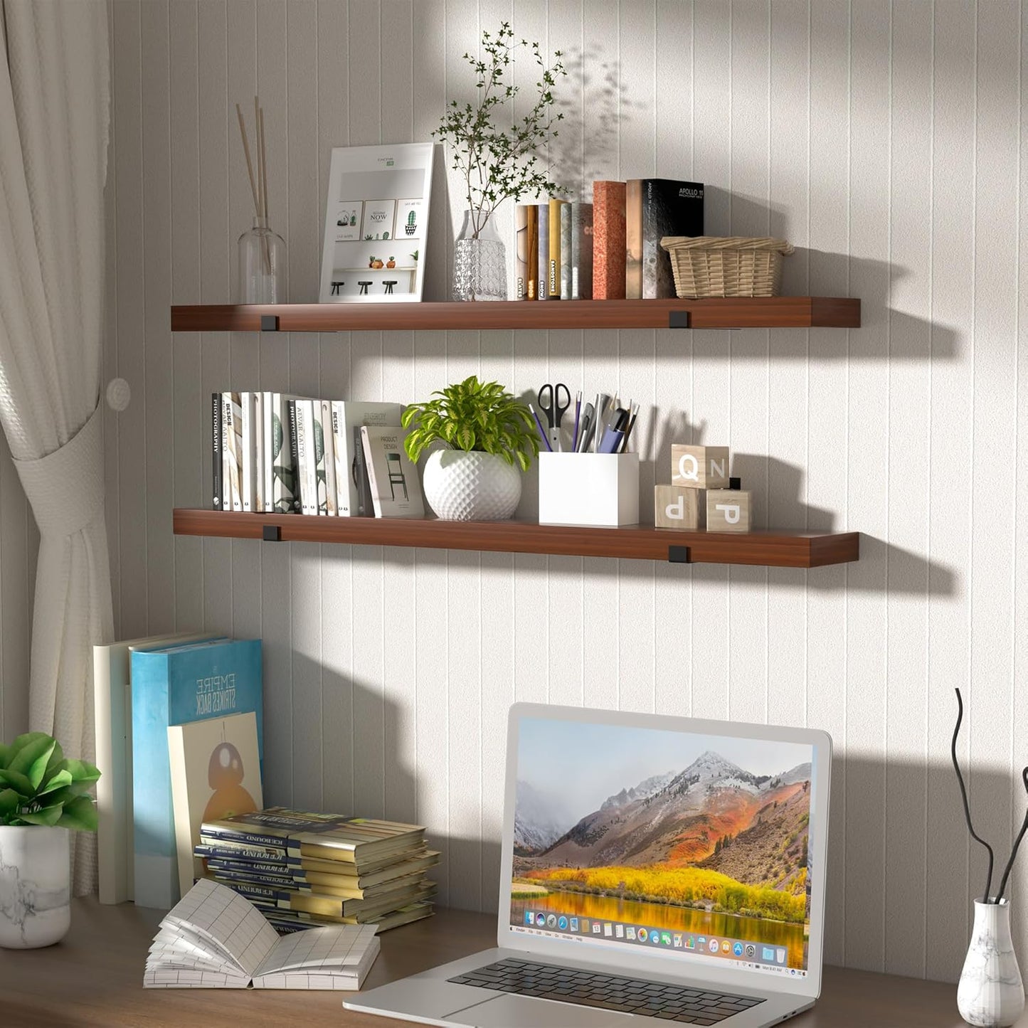 CONSDAN Floating Shelves for Wall Mounted Book Shelf Hanging Shelves Floating Bookshelf for Bedroom, Bathroom, Living Room, Kitchen USA Grown Solid Hardwood, Dark Maple 16x7.5x1.5 in (Set of 3)