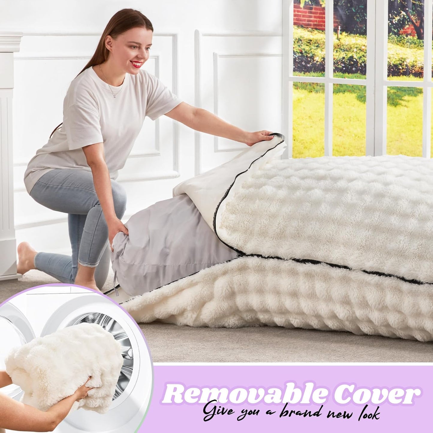 Hobestluk 3 in 1 Bean Bag Chair Giant Bean Bag Chairs for Adults with Bubble Cover Convertible Bean Bag Floor Cushion with Machine Washable Cover for Living Room (Bubble White)