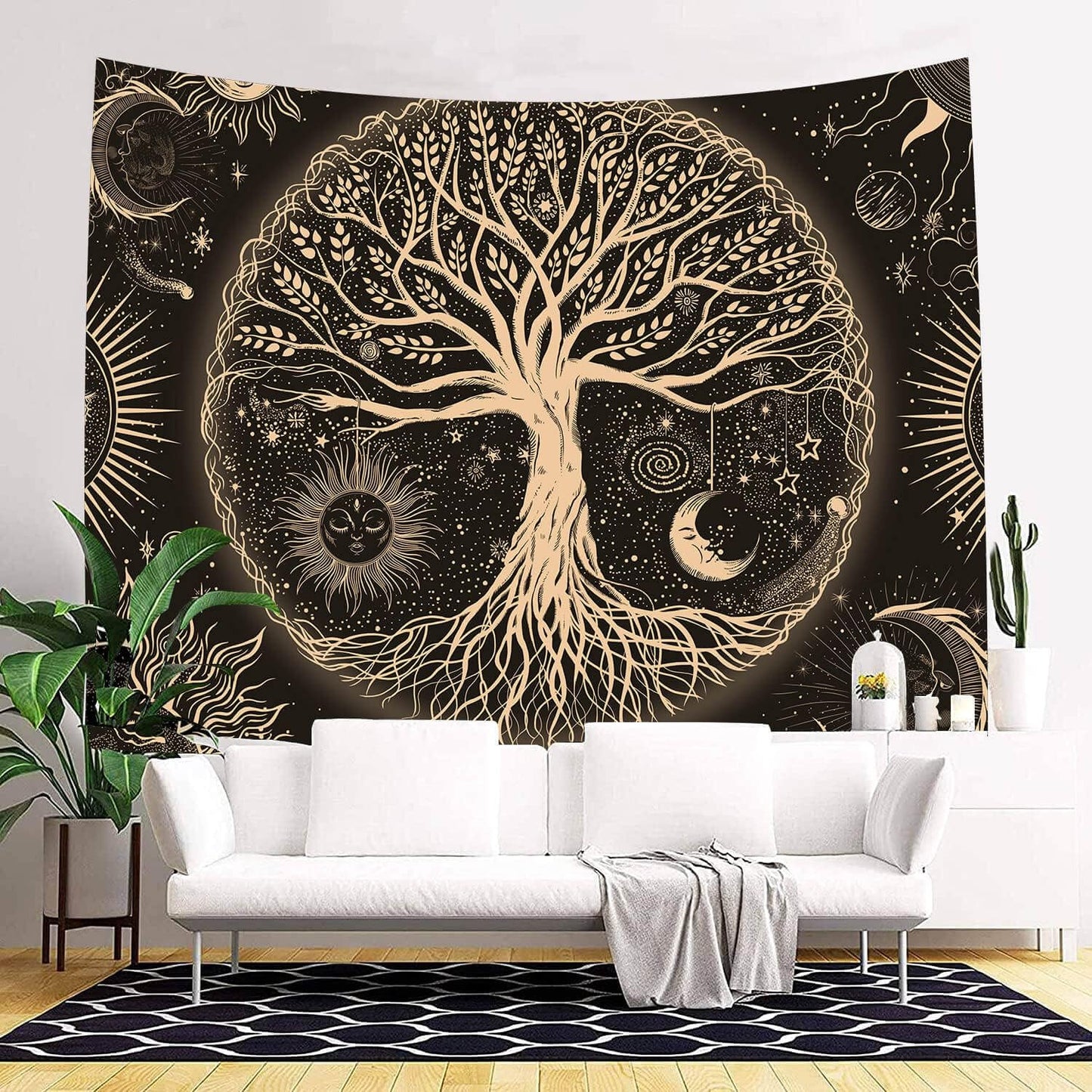 FORATER Tree of Life Tapestry Wall Hanging Sun Moon Stars Tapestries Aesthetic Galaxy Wall Tapestry Nature Home Decoration for Living Room Bedroom(61 x 82 Inch, Black and Gold)