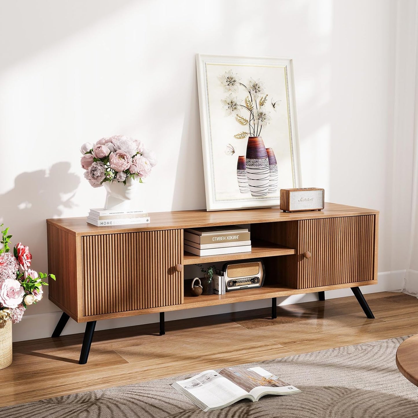 COMHOMA TV Stand for Living Room, Mid Century Modern Entertainment Center for 55/60/65 Inch TVs, Retro Brown TV Console with Fluted Door Cabinets and Open Adjustable Shelve Storage for Bedroom