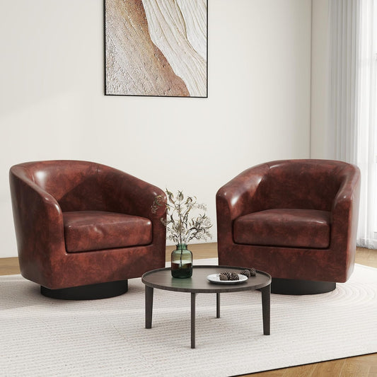 Swivel Barrel Accent Chair, Modern Round Faux Leather Arm Chair for Living Room, Bedroom, Comfy Club Reading Chairs for Adults(Faux Leather, Red Brown, Set of 2)