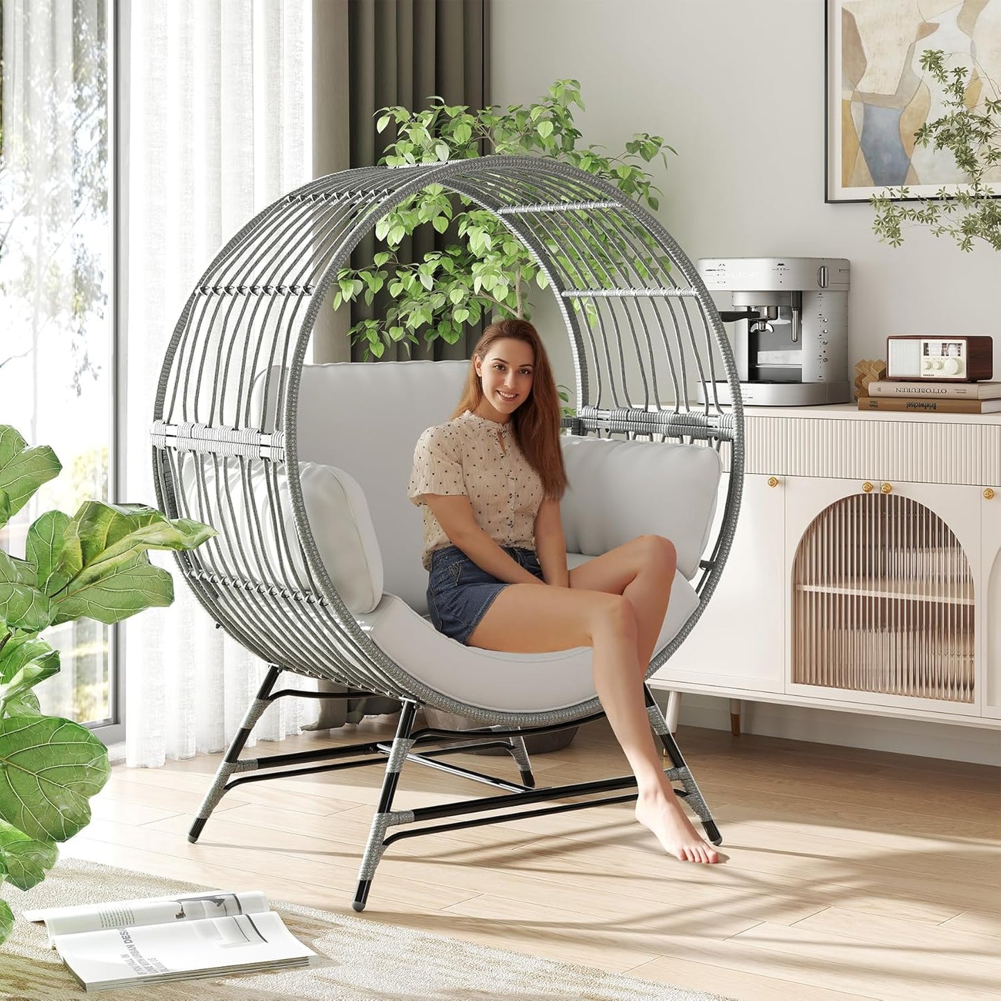 Egg Chair Outdoor Indoor, Oversized Rattan Chair with Thicken Cushion, 350LBS Capacity Wicker Patio Lounge Chair, Basket Chair for Living Room Balcony Porch Backyard, Grey/Light Grey