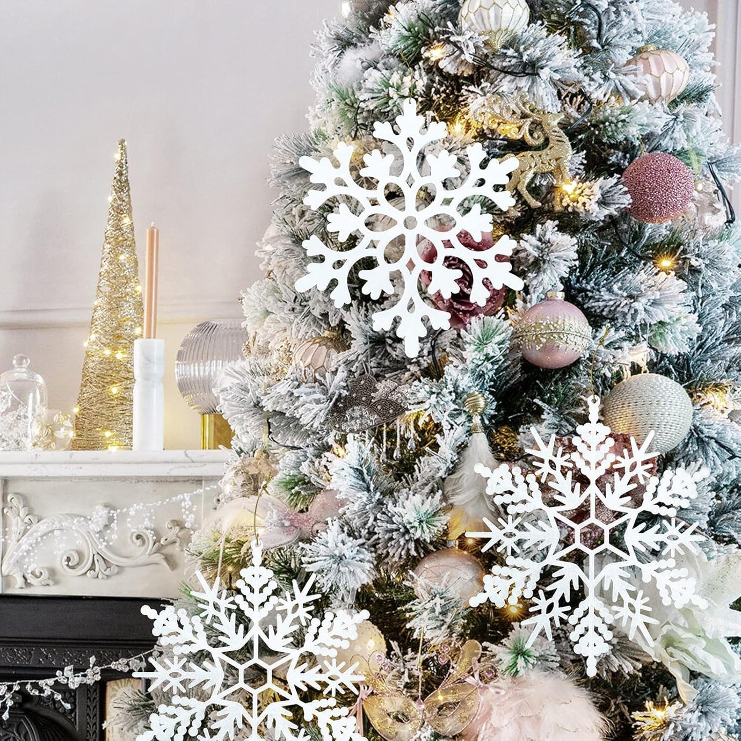 12pcs Large Christmas Snowflakes Decorations, 12" Big Plastic Glitter White Snowflake Ornaments for Winter Indoor Outdoor Christmas Tree Holiday Window Room Decor Craft Snowflakes