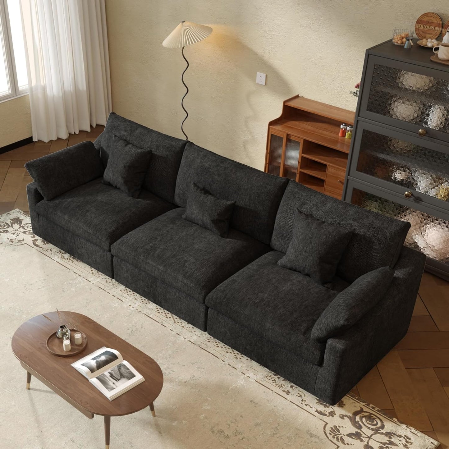 JACH Sectional Couches for Living Room, 3 Seater Cloud Sectional Couch with Deep Seat, Down Filled Modular Sofa, Covers Removeable & Washable, Sofas Furniture for Living Room, Black