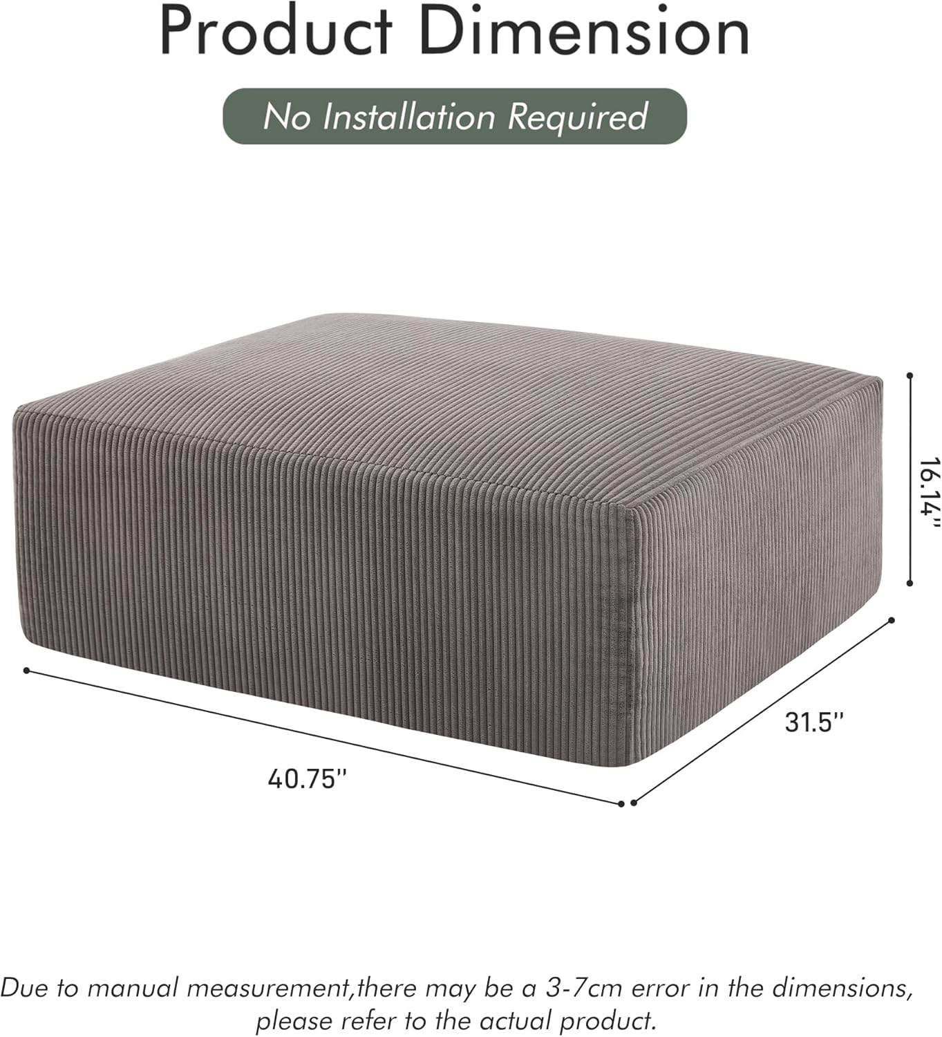 40" Square Stuffed Ottoman Pouf for Sofa Couch, Corduroy Poufs with Foam Chunk Filling, Furry & Fluffy Foot Stool Movable Ottoman. 40 * 31 Floor Poufs Foot Rest for Living Room, Grey