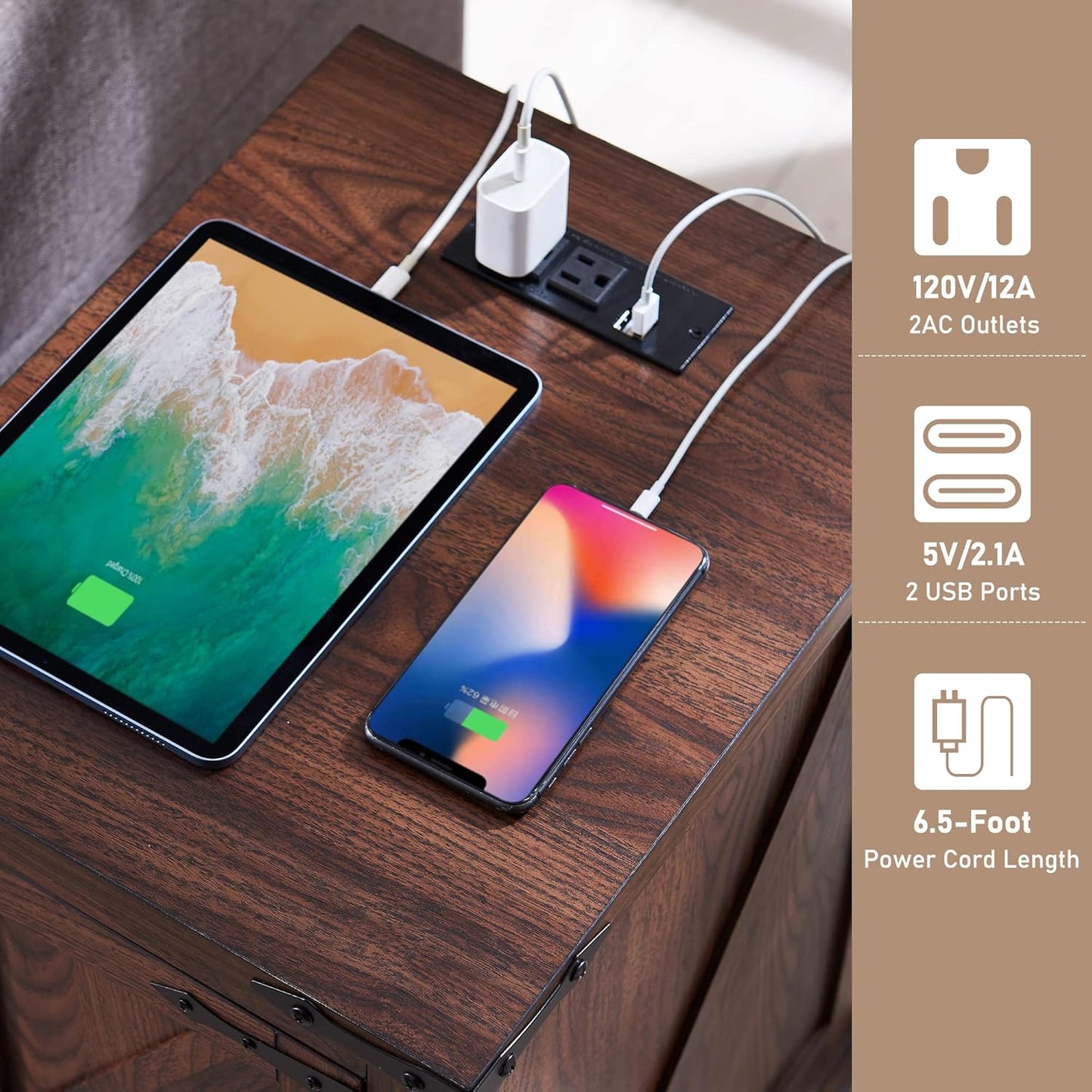 JXQTLINGMU Nightstand with Charging Station, Rectangular Farmhouse End Table with Barn Door and Adjustable Storage Shelf, 17" Deep Wood Rustic Sofa Side Table for Living Room, Bedroom, Brown