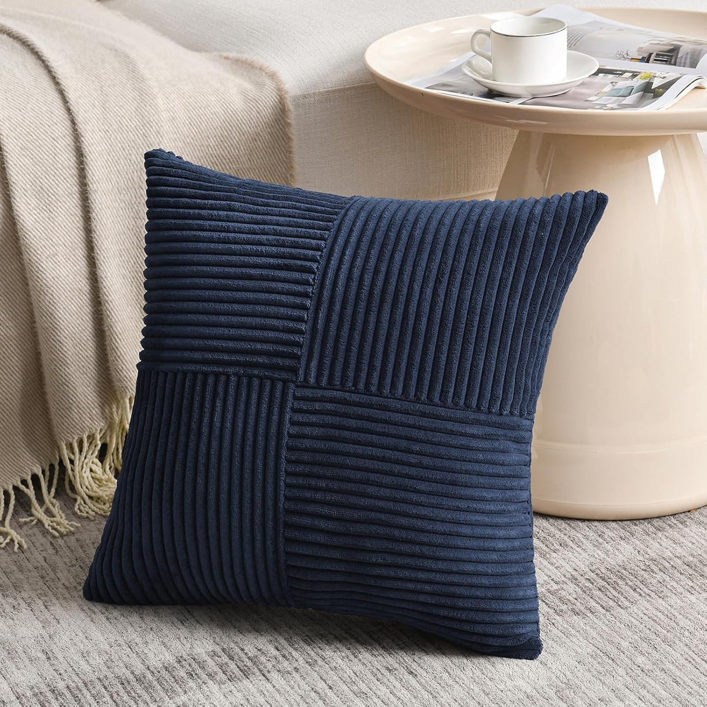 Fancy Homi 2 Packs Navy Blue Big Decorative Throw Pillow Covers 24x24 Inch for Living Room Couch Bed Sofa, Rustic Farmhouse Boho Home Decor, Soft Corss Corduroy Patchwork Accent Cushion Case 60x60 cm