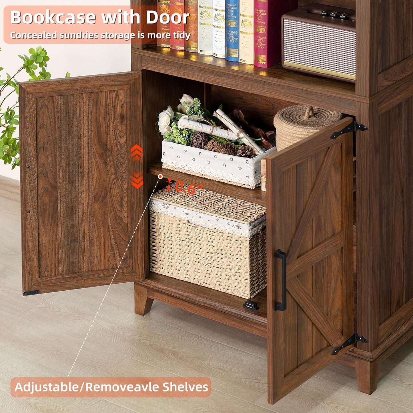 70in Tall Bookshelf 5 Tier Bookcase with Barn Doors and Adjustable Shelves, Brown Farmhouse Book Shelf with Storage Cabinet, Wood Freestanding Display Bookshelves for Bedroom, Kitchen (3PCS)