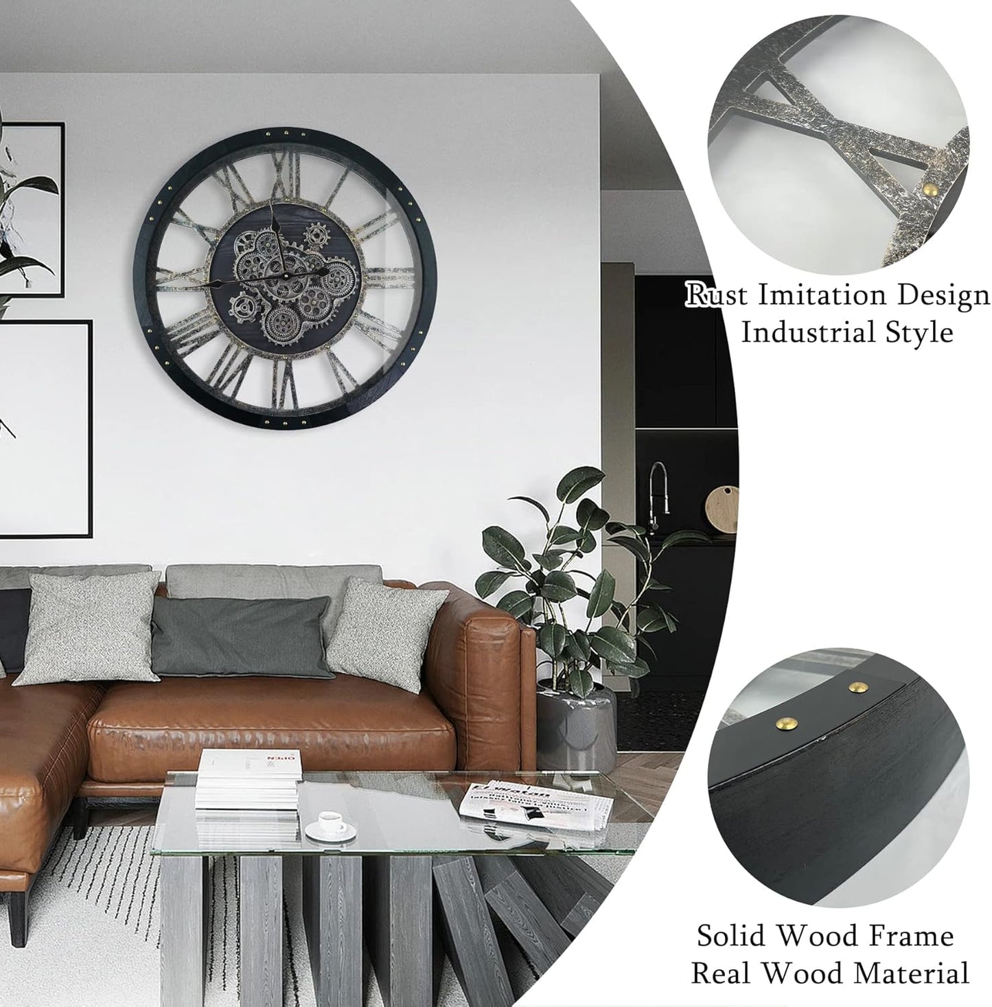 36 Inch Moving Gear Wall Clock, Oversized Wall Clocks, Clock Living Room Decor, Solid Wood Frame, Battery Operated, Large Wall Clock with Steampunk Industrial for Fireplace(Black)