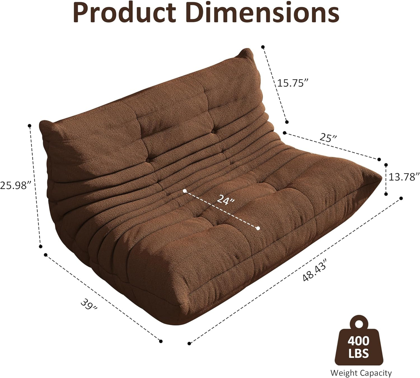 Bean Bag Chair, Oversized Loveseat Fireside Chair for Adults, 2 Seater with Memory Foam Filled, Lazy Sofa Lounge Floor Sofa for Living Room, Bedroom, Office, No Assembly Required. (Coffee)