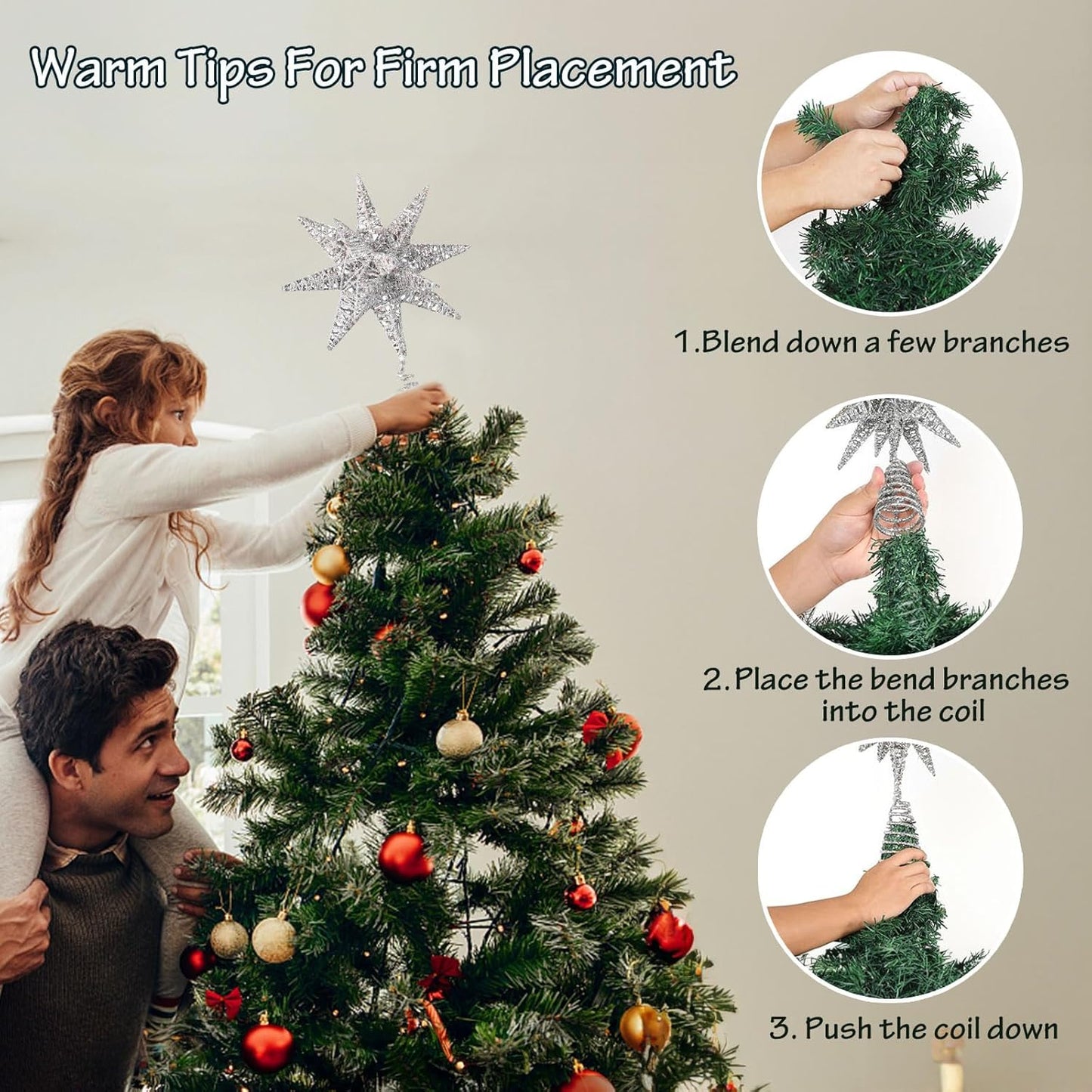 Christmas Tree Topper Star with White 50 LED Lights, Star Tree Topper for Christmas Tree Tradition Moravian Decor, 11X 7.87 Inch with 5m Long Line, Estrella para Arbol De Navidad, Silver