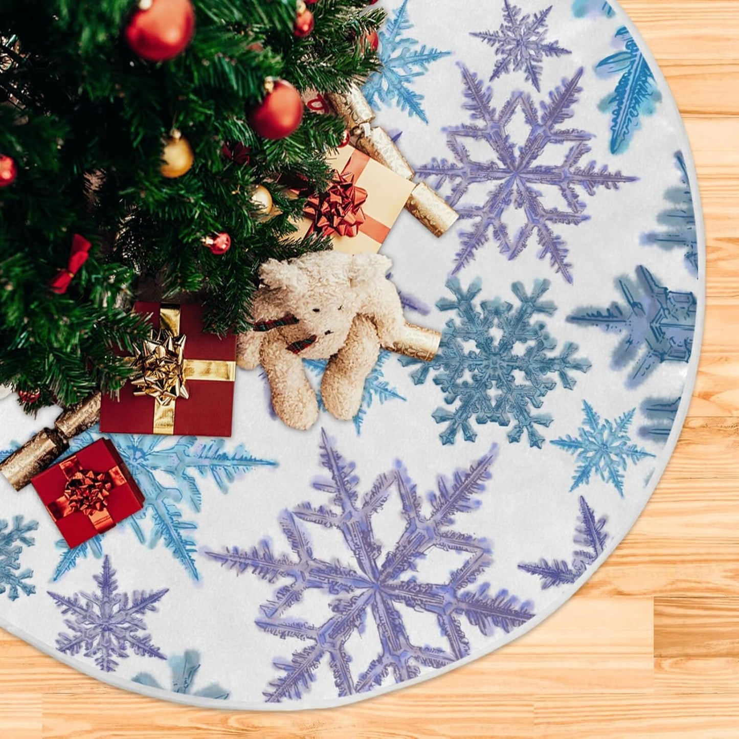 Christmas Purple Blue Snowflake Tree Skirt, Seasonal Tree Mat Holiday Party Supplies Ornaments Indoor Outdoor Decorations for Tabletop Trees 47.2 Inches