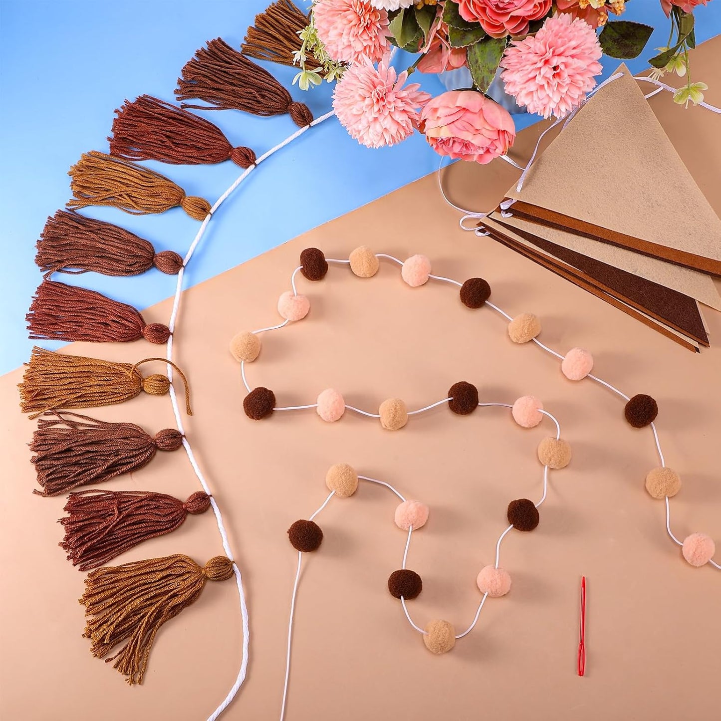 Irenare 9.8 ft Pom Pom Garland Felt Colorful Tassel Banner Christmas Party Pompoms Garland Decorations Felt Pennant Banner for Classroom Home Mantel Fireplace Birthday(Gradient Brown)