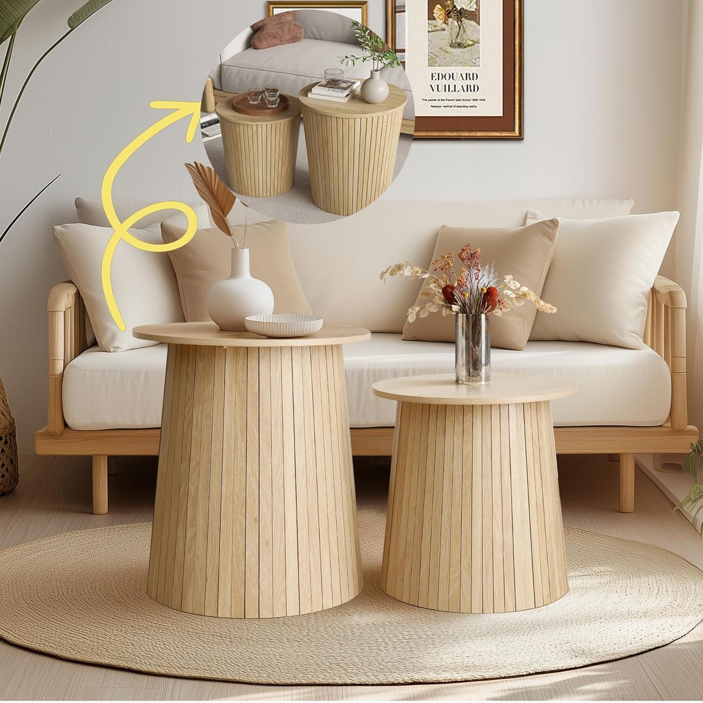 Nest Coffee Table Set of 2 with Round End Table, Farmhouse Design, Removable Wood Top and Wood Basket Base for Blanket Storage, Modern Design for Living Room