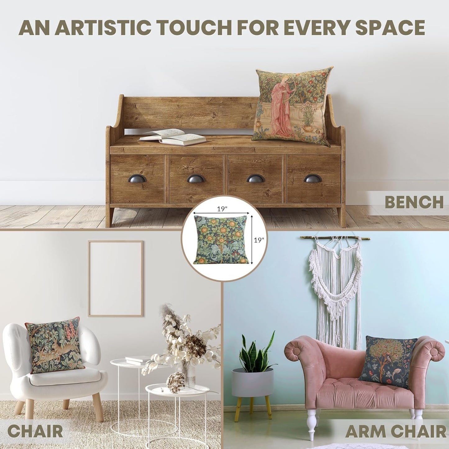 Charlotte Home Furnishings Decorative Tapestry Pillow Cover 19x19 in, Blue Arabesques Couch Throw Pillow Cover, French Country Square Cushion Cases for Bed Room Home Decor, Soft Cotton Jacquard Woven