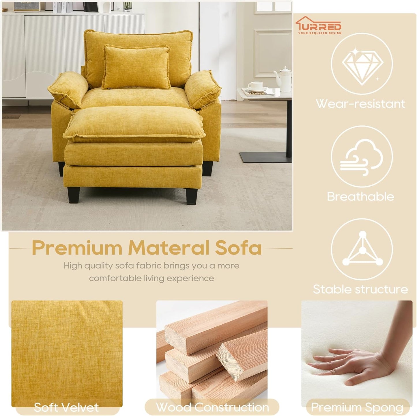 URRED Modular Sectional Sofa Comfy Cloud Couch, Modern Chenille Sofa Sleeper Deep Seat Couches with Ottoman/Pillows for Living Room (Yellow, 53''- Ottoman)