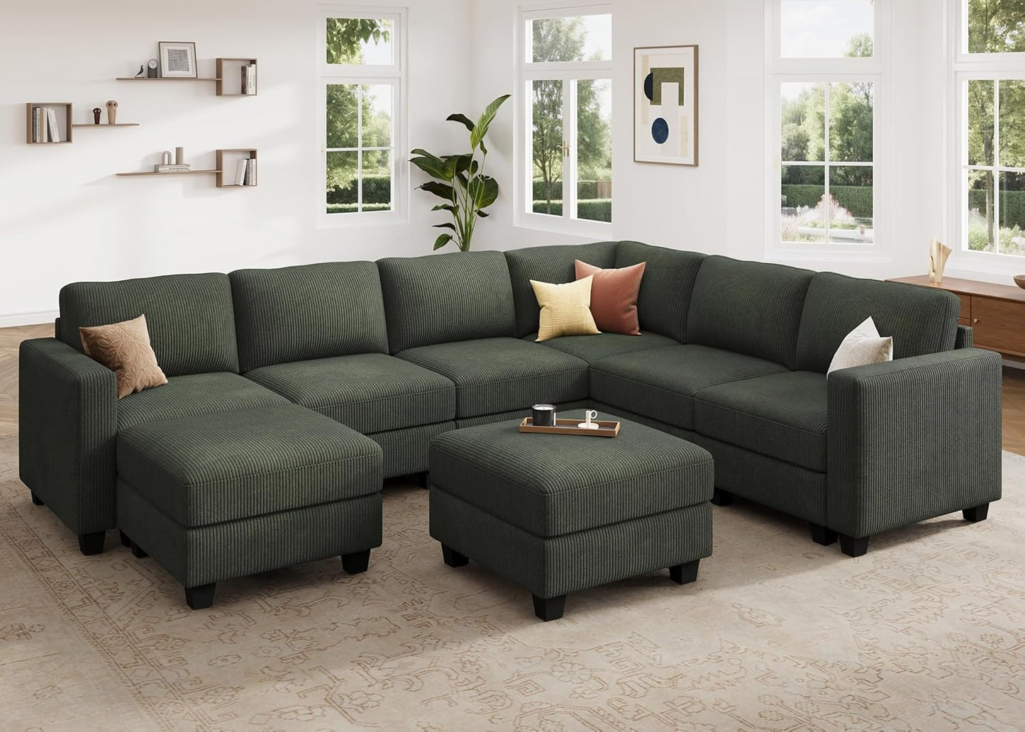 HONBAY Corduroy Sectional Couch with Storage U Shaped Sectional Sofa Modular Sectional Couches for Living Room, Green