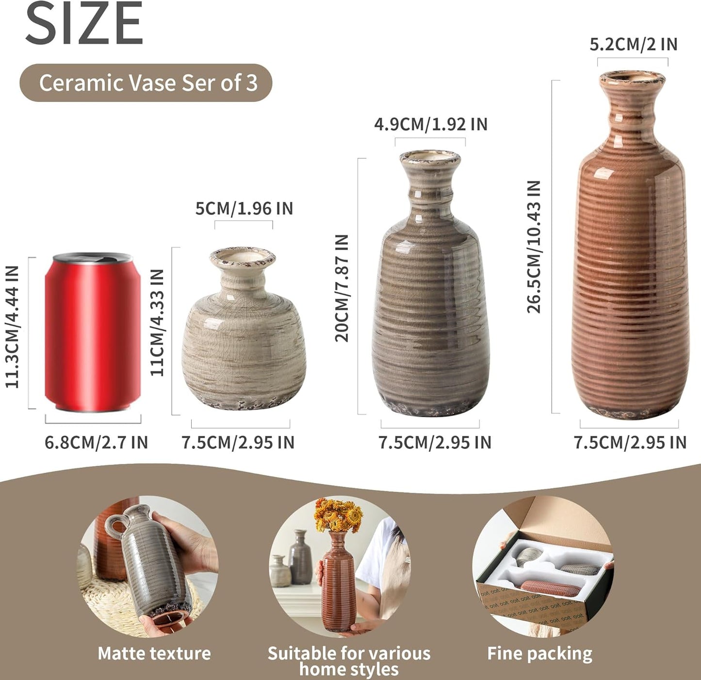 Ceramic Vases Set of 3, Neutral Rustic Farmhouse Vases Home Decor Decorative Flower Vase Modern Boho Pampass Vase for Table Mantel Entryway Shelf Living Room Kitchen Bathroom - Brown