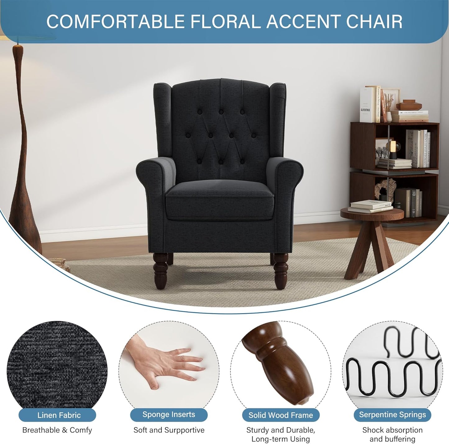 UIXE High Back Accent Chairs Set of 2, Upholstered Armchair in Fabric, Retro Wingback Arm Chair for Living Room, Comfy Single Sofa Bedroom Reading Seat with Solid Wood Legs - Black Blue