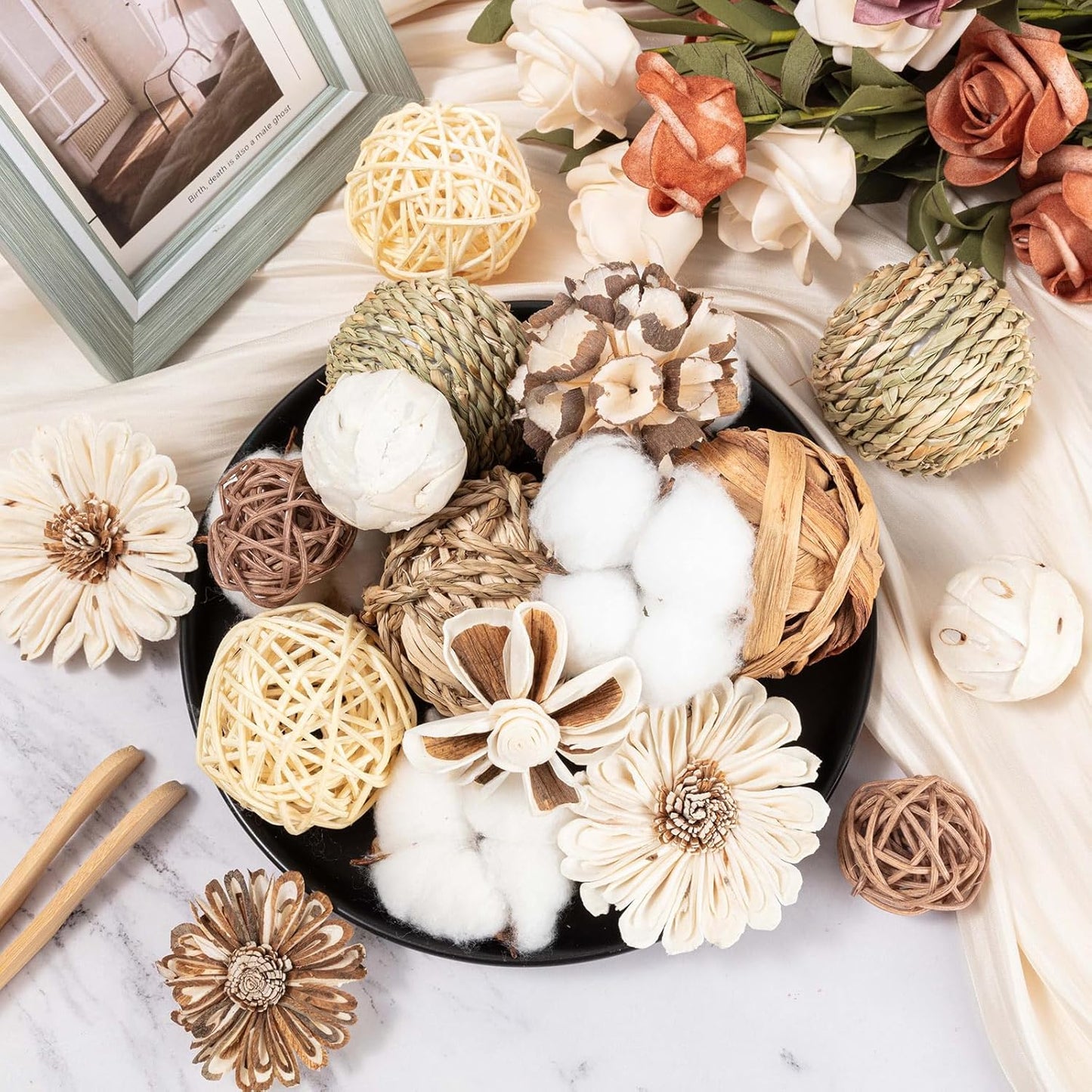 17Pcs Vintage Decorative Balls for Potpourri Bowl Filler, Bowl Filler for Table Centerpiece Home Decor, Woven Rattan Wicker Balls, Rattan Wicker Orbs Fillers for Vase Jar Dough Bowl