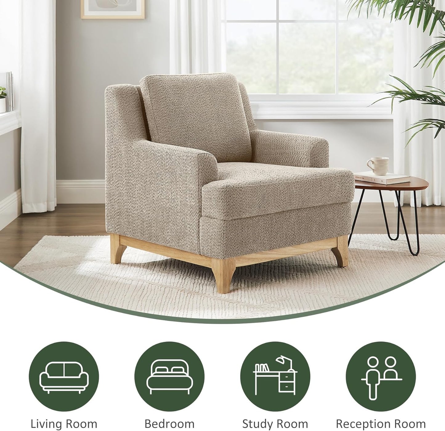 Oversized Accent Chair, Modern Boucle Armchair with Wood Legs, Modern Reading Chair with Thick Cushion, Comfy Chairs for Living Rooms, Bedrooms, Reading nooks and Apartments