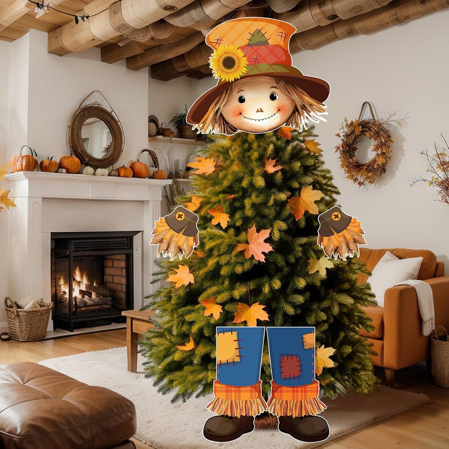 Scarecrow Fall Tree Topper Autumn Harvest Farmhouse Decorative Tree Treetops Head Hands and Legs Decor for Holiday Fall Thanksgiving Indoor Home Decorations Party Supplies