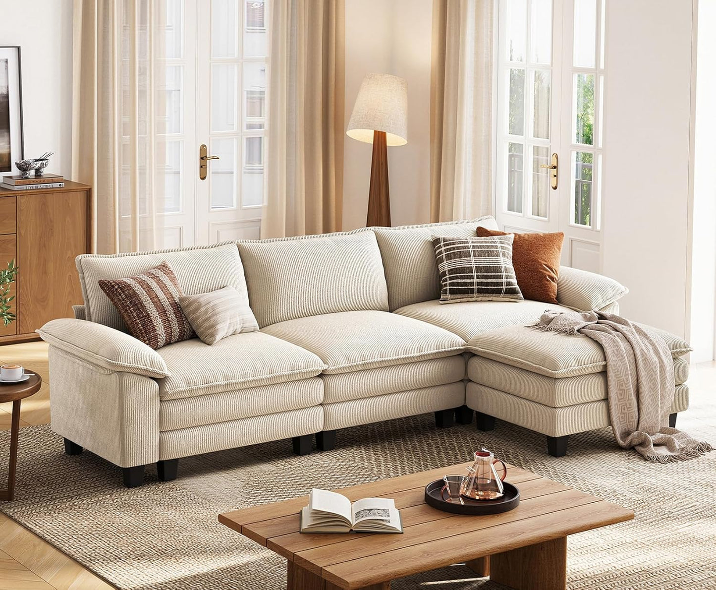 LINSY HOME Modular Sectional Sofa - 123'' Comfy Corduroy Cloud Sofa Oversized L Shaped Couch with Movable Ottoman, Soft Modern Sofa for Living Room Apartment, Beige