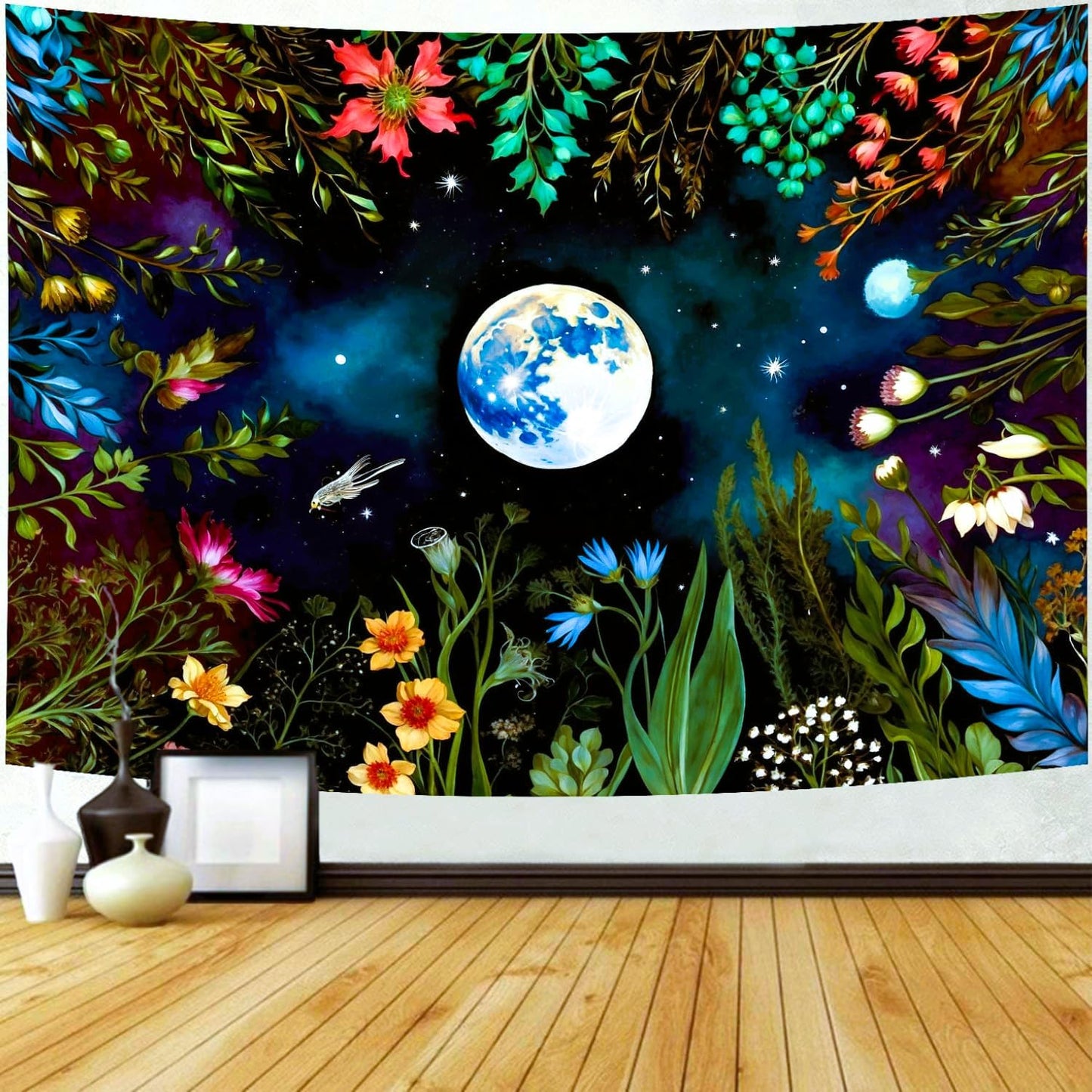 Delur Moonlit Garden Tapestry Boho Moon Floral Plant Tapestry Wall Hanging Colorful Flower Botanical Nature Night Landscape Headboard for Bedroom Living Room Home Decor (59.1" x 78.7")