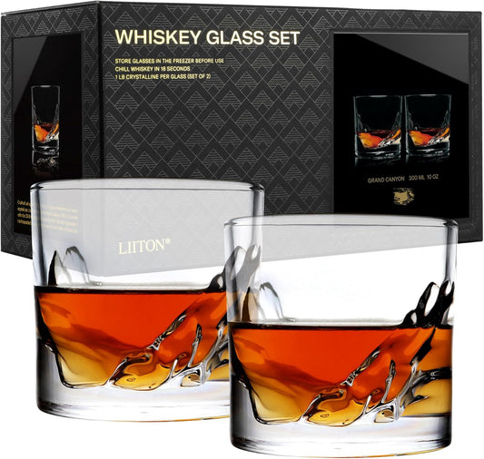 Grand Canyon Heavy Crystal Whiskey Glasses Gift Set of 2, Thick Freezable Bourbon Glass 1lb Each, Premium Whiskey Gifts for Men, Frozen Crystal Chills Cocktails, 10 oz