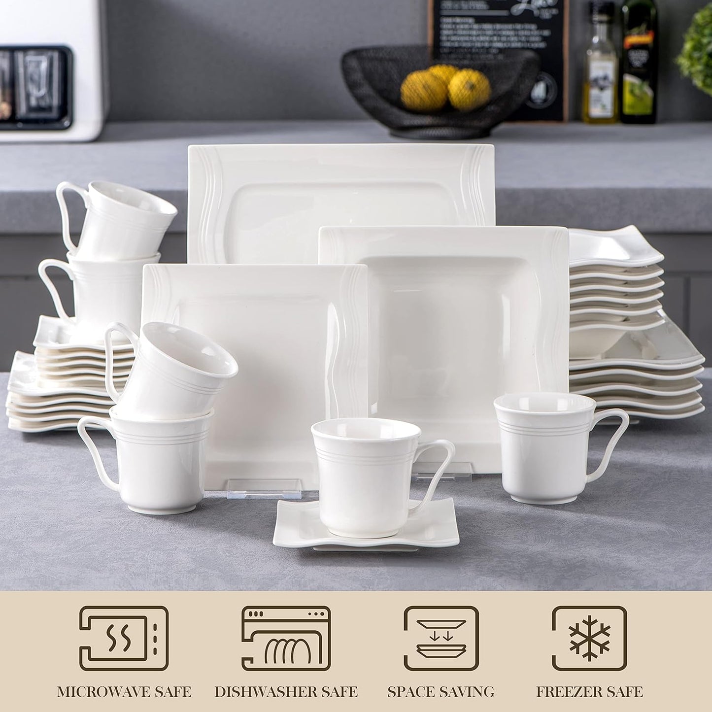 MALACASA 30 Pieces Dinnerware Sets, Modern Ivory White Plates and Bowls Sets for 6, Porcelain Dish Set with Dinner Plate, Dessert Plate, Soup Plate, Cup and Saucer, Square Dishware Set, Series Mario