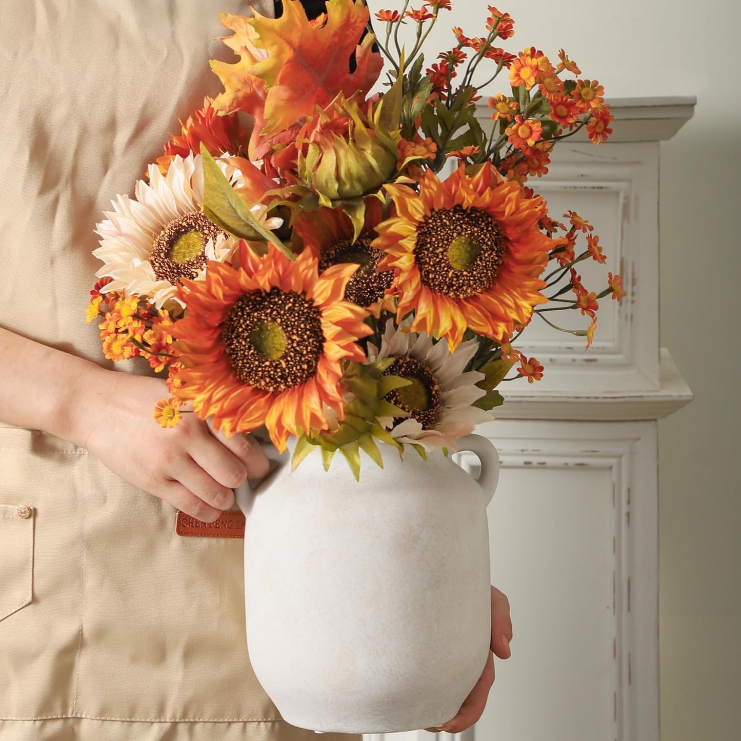 Ceramic Flower Vase Home Decor - 7.6 Inch Farmhouse Rustic White Table Vases with Handle Living Room Decoration Decorative Vintage Pottery for Kitchen Shelf Coffee Dining Desk Bookshelf Fireplace