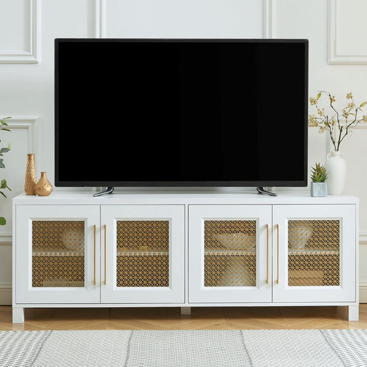 JYED Mid Century Modern TV Stand for TVs up to 75", 69.5" W White Entertainment Center with 4 Gold Metal Mesh Doors - Wood Grain MDF TV Console, Media Storage