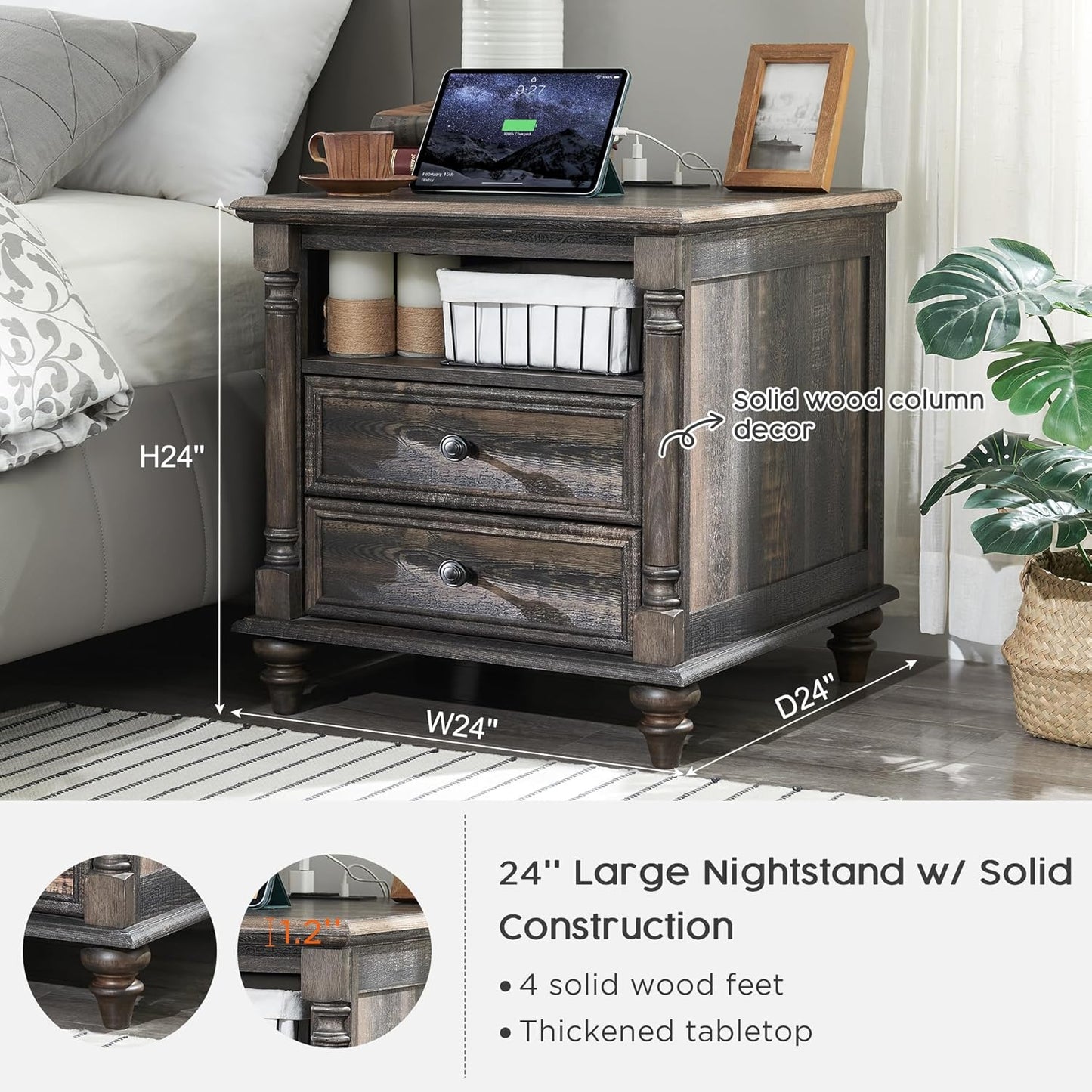 T4TREAM 24'' Farmhouse End Table w/4 Solid Wood Feet, Large 2 Drawers Wide Sofa Side Table with Charging Station, Tall Rustic Wood Square Nightstand for Living Room, Bedroom, Office, Dark Rustic Oak