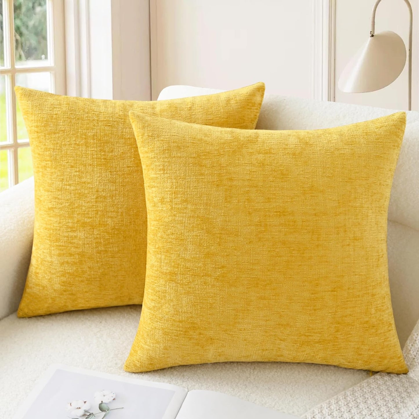 CaliTime Throw Pillow Covers Decorative 18 X 18 Inches Pack of 2 Cozy Chenille Cushion Cases for Couch Sofa Bed Living Room Home Mustard Yellow