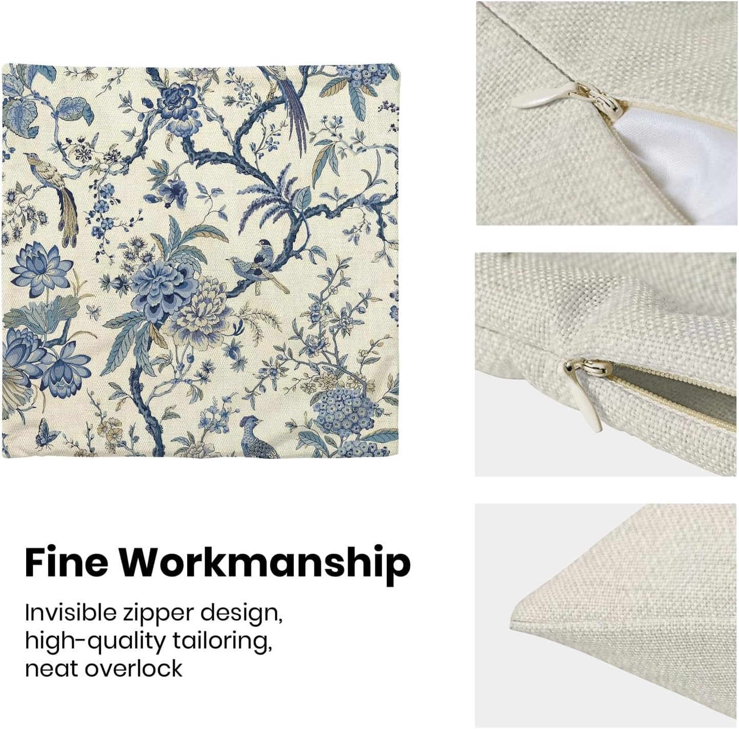 CXMEIFLY Spring Floral Birds Pillow Covers 16 x 16 Inch Set of 2 for Chinoiserie Flowers Decor Throw Pillows Blue and White Plant Outdoor Decorative Cushion Cases for Couch Bed Decorations