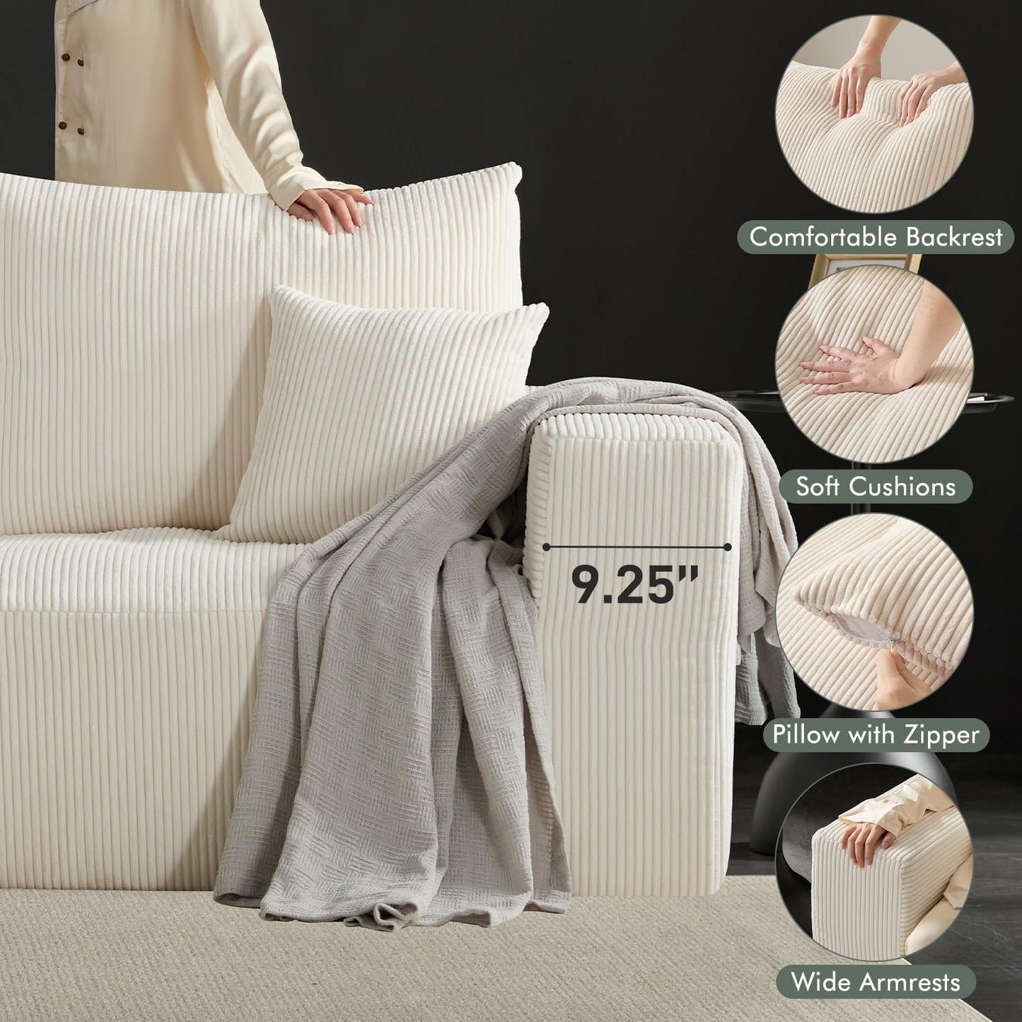 Boneless Sectional Cloud Couch Sofa for Living Room, 112" U-Shaped Modular Modern Lounge Sleeper Beige Couches with Chaise, No Assemble, Cordury Compression Upholstered Sofas