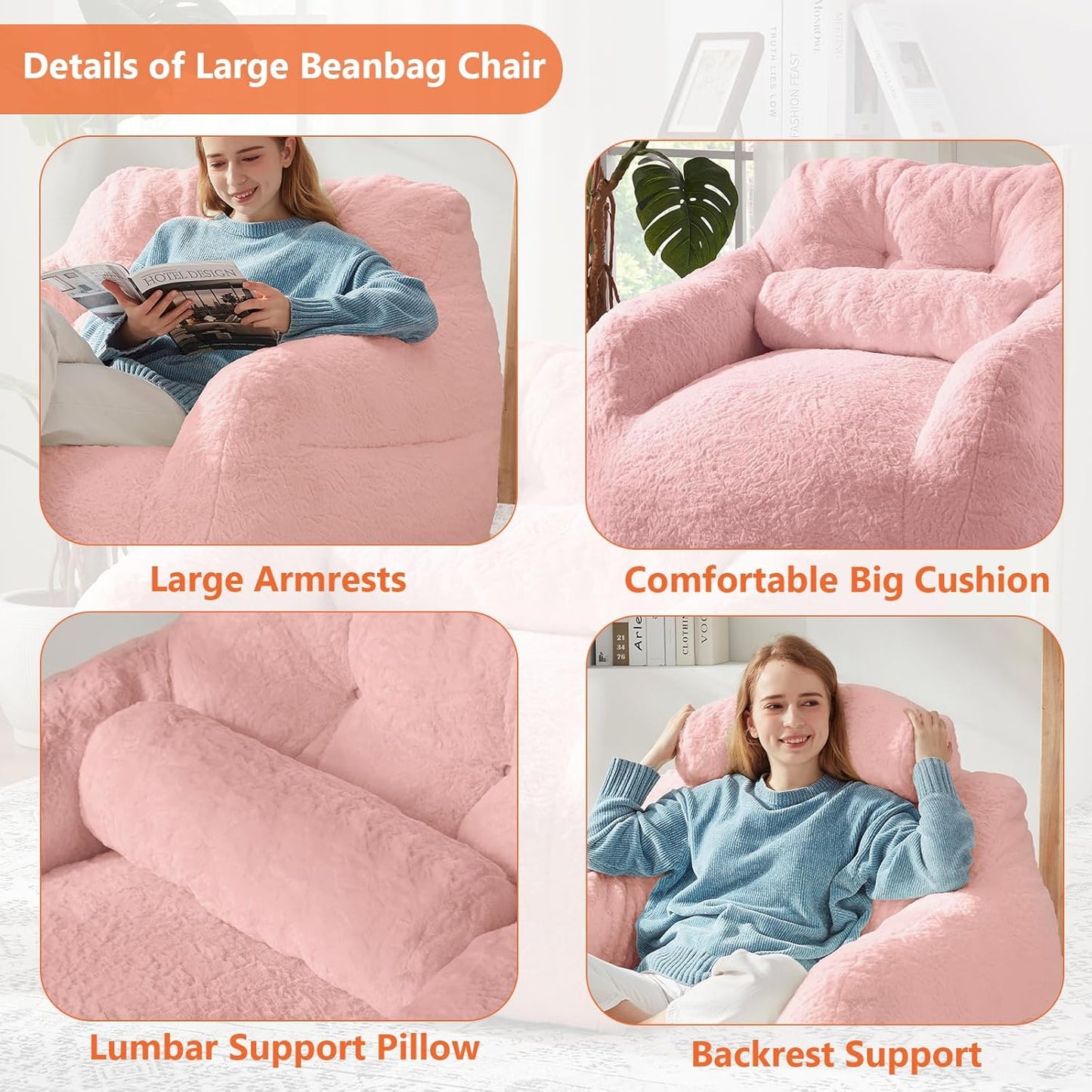 Bean Bag Chair for Adults with Pillow,Oversized Bean Bag Couch Chairs for Adults,Giant Lazy Couch Sofa Chairs with Filler,Large Reading Chair for Living Room Bedroom,Pink